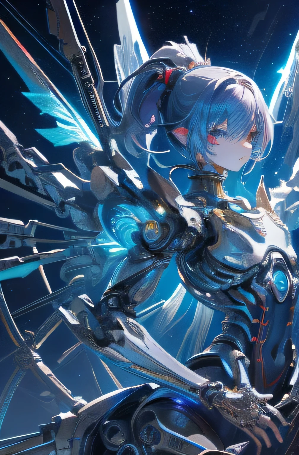 (((masterpiece))), (((Highest quality))), ((Very detailed)), (Highly detailed CG illustrations), ((Very delicate and beautiful)),(From the side),Cinematic Light,((1. Machine Girl)),alone,Hair is purple、whole body,(Machine made joints:1.2),((Mechanical Limbs)),(Mechanical blood vessels connected to the abdomen),(Mechanical wings attached to the back),((Cervical vertebrae mechanically attached to the neck))(Floating in the air),Expressionless,(wires and cables around the neck:1.2),(Nipples are light blue)、topless、(Overhead Wires and Cables:1.2),sf,Very detailed,colorful,Most detailed、A starry sky, mysterious,Outdoor、 Awe-inspiring expressions, Dynamic pose、(Mechanical blood vessels directly connected to the vagina)、Eyes glow yellow、Forest planet in the background、Inspiration, 3January, poker face,(Numerous tubes leading to the anus)、 Inside the spaceship, Starry Sky, Dynamic configuration、Connected to a giant spaceship by cable、Fisheye Lens、Wide-angle lens、Wide angle of view、Countless floating magic circles、valkyrie、stairway to heaven