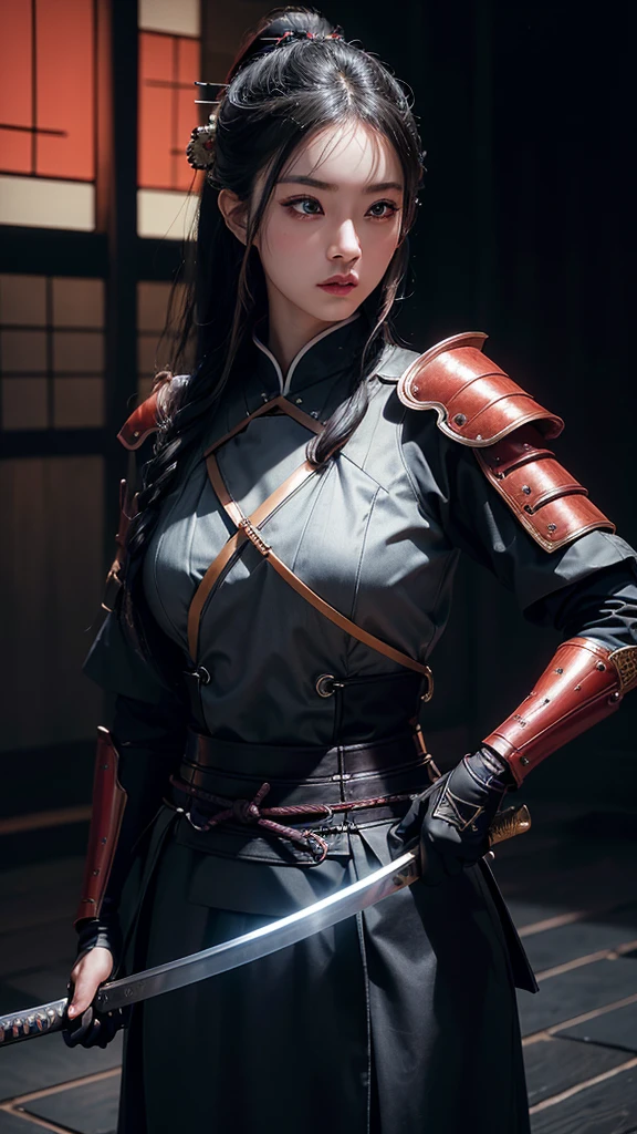 a woman in a traditional japanese iaido pose, beautiful detailed eyes, beautiful detailed lips, extremely detailed eyes and face, long eyelashes, samurai armor, katana sword, dramatic lighting, chiaroscuro lighting, cinematic composition, epic fantasy, vibrant colors, photorealistic, 8k, best quality, masterpiece