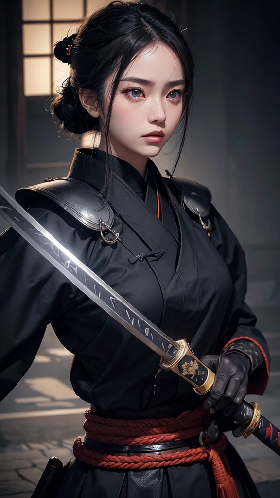 a woman in a traditional japanese iaido pose, beautiful detailed eyes, beautiful detailed lips, extremely detailed eyes and face, long eyelashes, samurai armor, katana sword, dramatic lighting, chiaroscuro lighting, cinematic composition, epic fantasy, vibrant colors, photorealistic, 8k, best quality, masterpiece