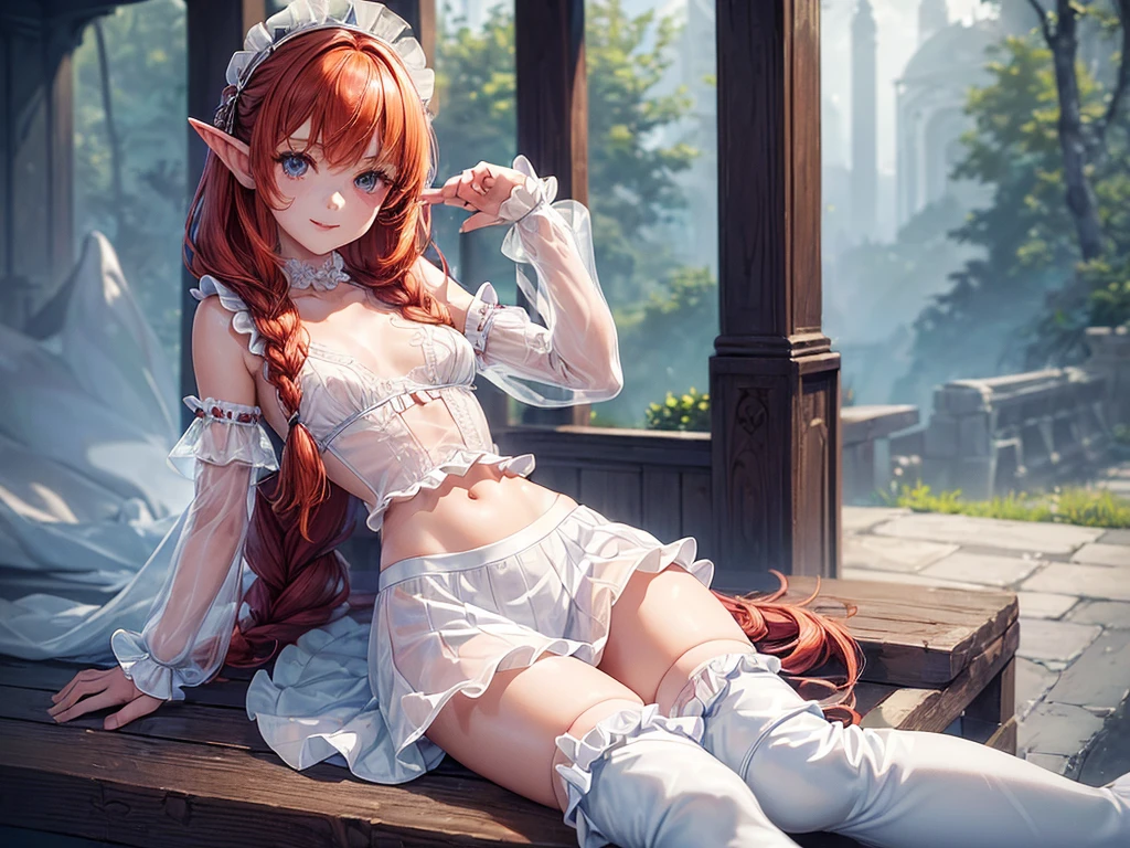 Elf girl, long red hair blond highlights, dungarees only, no shirt, very small tits, no boobs, freckles in face, emerald green glowing eyes, small butt,