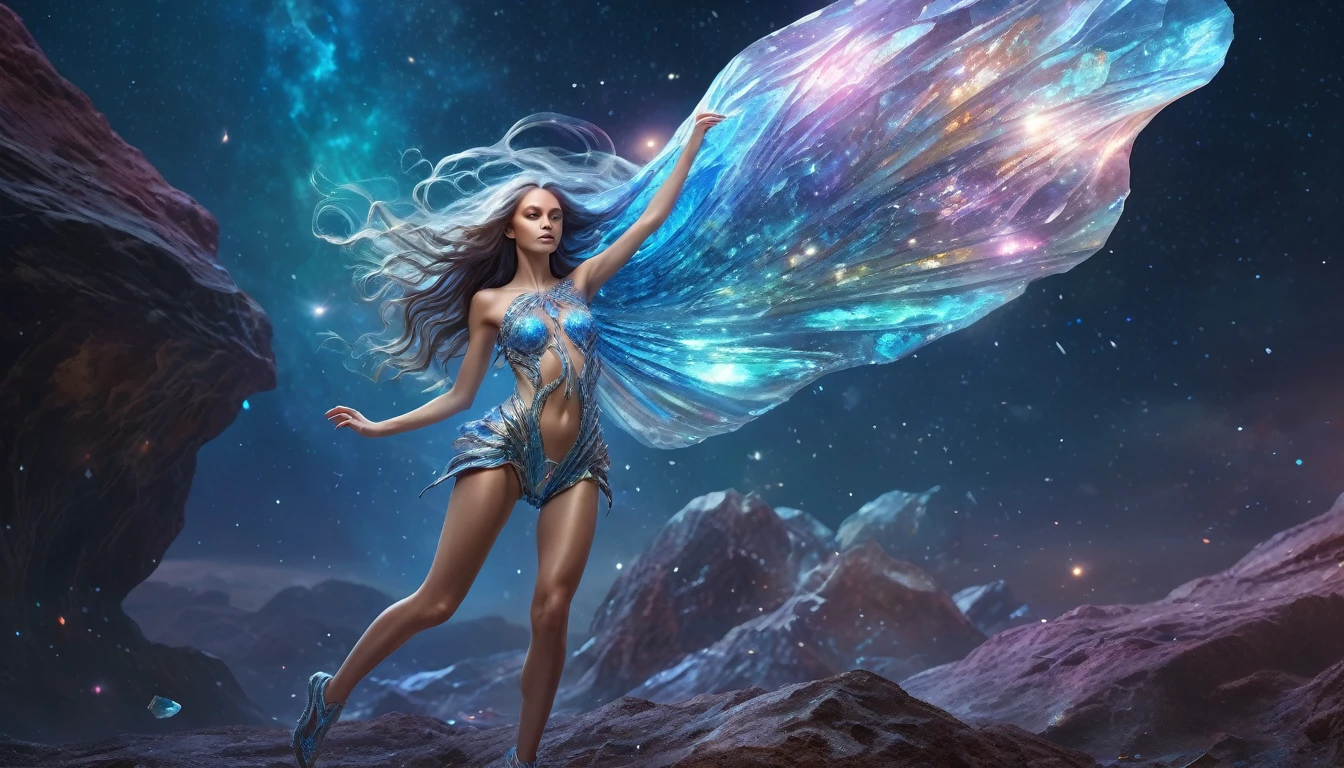 (full body with legs )An alien girl whose body is made of minerals, diamond, Topaz, (best quality, highres, ultra-detailed), portraits, vivid colors, studio lighting, realistic, long hair flowing in the wind, sparkling eyes, otherworldly beauty, surreal atmosphere