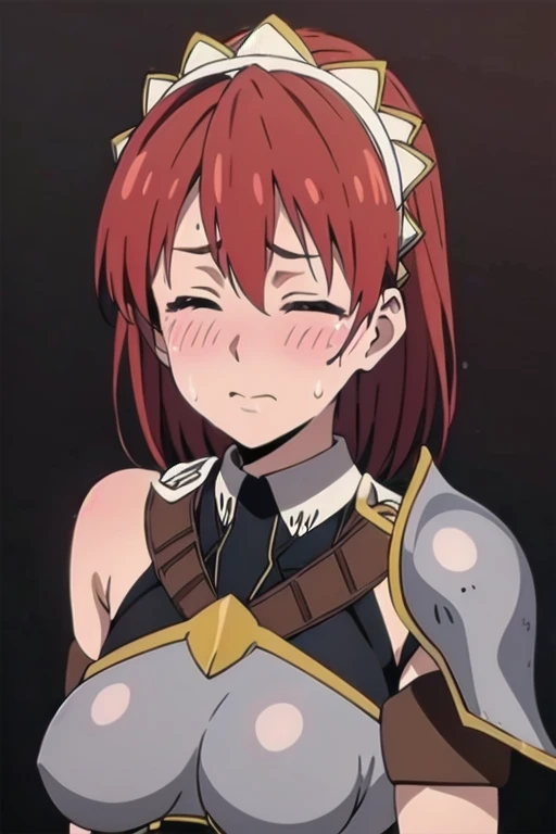 Cecily Campbell, big breasts, armor, breastplate, red hair, closed eyes, 1girl, solo, looking at the viewer, upper body, (aroused facial expression), blush, sweat, (simple dark background)