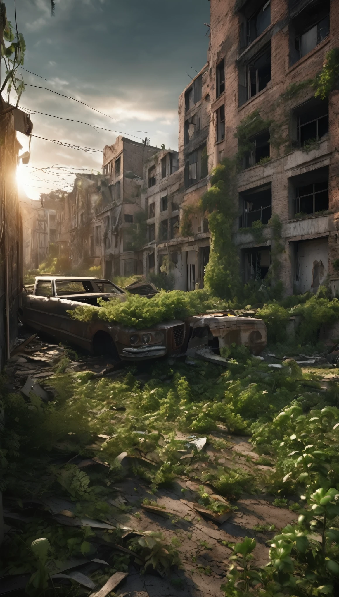 "Abandoned city, post-apocalyptic landscape, Desolate and eerie atmosphere, Building crumbles, overgrown plants, Undeservedly beautiful, dramatic lighing, Scattered debris, A sense of mystery and melancholy."