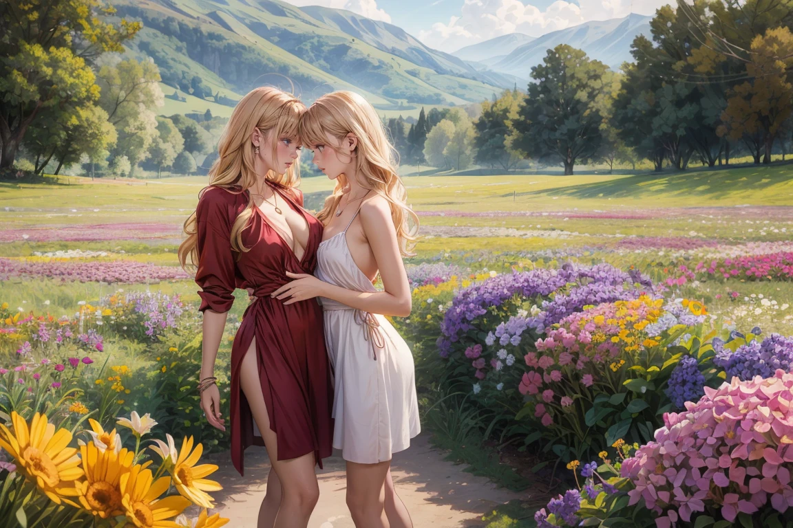 masterpiece, photorealistic:1, field of flowers, nature, scenery, outdoors, valley, , beautiful 20 year old woman, 2girls, standing, yuri, cute, blond_hair, jewelry, necklace, cleavage, shirt, best quality, evening, summer dress, edgSDress,
medium_breasts, bangs,