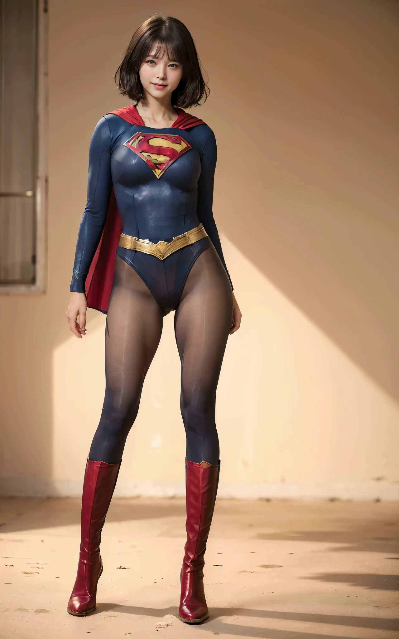 No background、She always has her mouth open、She always has a sad look on her face、Always close your eyes、(((Beautiful legs in black tights.)))、(((Stretch your legs、expensive、Showing a beautiful smile)))、((((Make the most of your original images)))、(((Supergirl Costume)))、(((Beautiful Short Hair)))、(((Suffering face)))、(((Black tights legs、Wear red boots)))、((Best image quality、8k))、((Highest quality、8k、masterpiece:1.3))、(((Preserve background )))、Sharp focus:1.2、Beautiful woman with perfect figure:1.4、Slim Abs:1.2、Wet body:1.5、Highly detailed face and skin texture、8k