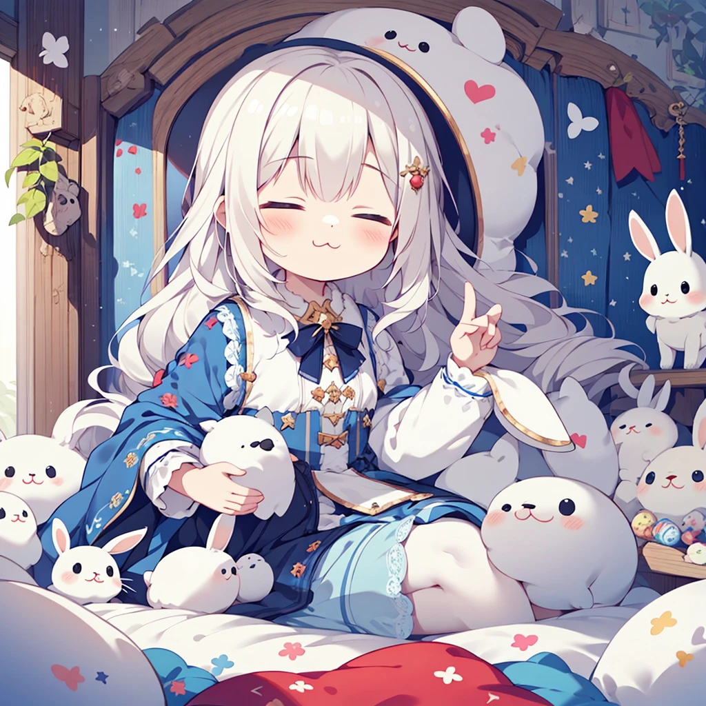 One Girl, Small stuffed rabbit, Costumes, albino, close your eyes, :3, Sleeping Peace, Marshmallow bed、Heartwarming、yurukawa、kind、fluffy、