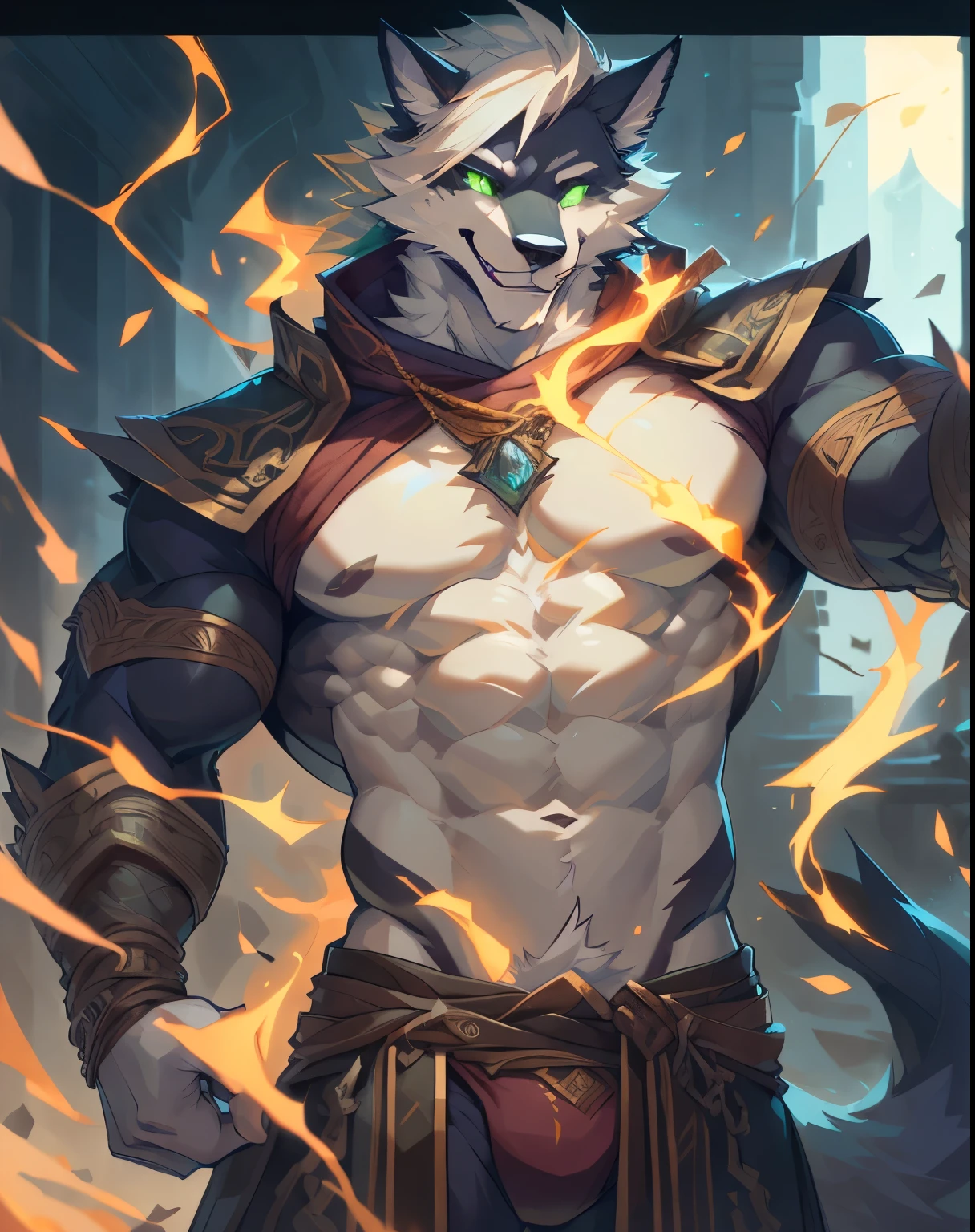 4k, ,8K, A high resolution, best quality, perfect colors, perfect shadows, perfect lighting, posted on e621, (by Chunie, by canyne khai, by t.y.starale), male, furry, Wolf anthro, (Wolf tail), solo, white fur, green eyes, (Realistic eye details 1.2), Maestro suit wear, V0id3nergy, abs, Masterpiece, dramatic lighting, soft lighting, day, highly detail, Hair coiled,  muscular, the second, large pectorals, venous muscles, detailed pecs, detailed abs, six pack abs, Huge muscles, flexing, wearing speedo, smilin