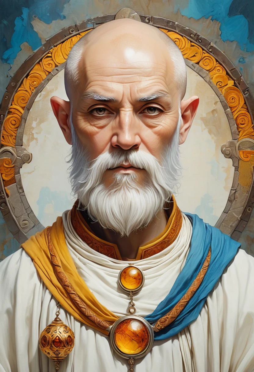 A roguelike Dungeons and Dragons theme-based image featuring an enchanting portrait of a bearded elderly monk cleric. He possesses handsome features that suggest a life of adventure and exploration. The background is a simple, stark white to accentuate the figure. His attire and ornamentation lean towards an adventurecore aesthetic, with rugged designs that suggest numerous quests undertaken. The color scheme revolves around shades of white, amber, yellow, and azure, enhancing his charm and subtly suggesting divine influence. The artwork is created on a gigantic scale, inspired by the aesthetic principles of the Die Brücke artistic movement which plays with bold forms and expressive colors.