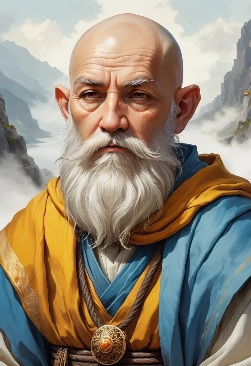 A roguelike Dungeons and Dragons theme-based image featuring an enchanting portrait of a bearded elderly monk cleric. He possesses handsome features that suggest a life of adventure and exploration. The background is a simple, stark white to accentuate the figure. His attire and ornamentation lean towards an adventurecore aesthetic, with rugged designs that suggest numerous quests undertaken. The color scheme revolves around shades of white, amber, yellow, and azure, enhancing his charm and subtly suggesting divine influence. The artwork is created on a gigantic scale, inspired by the aesthetic principles of the Die Brücke artistic movement which plays with bold forms and expressive colors.