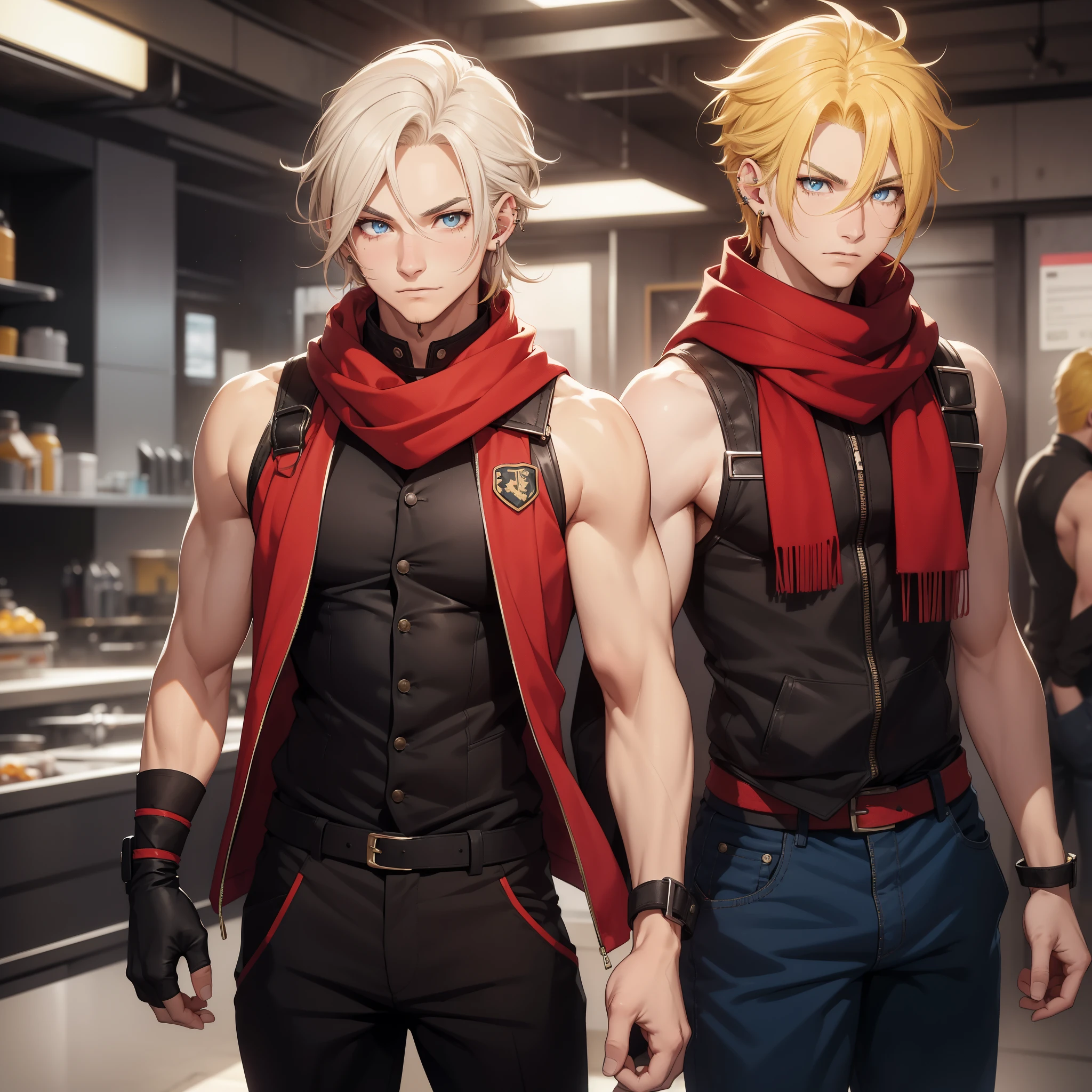 (26 years old), (male), Yellow hair, (Blue eyes), (whisker mark), (wavy hair), ((Ear Piercing)), red scarf, red vest, sleeveless, black pants, black gloves, Athletic body, up to legs
