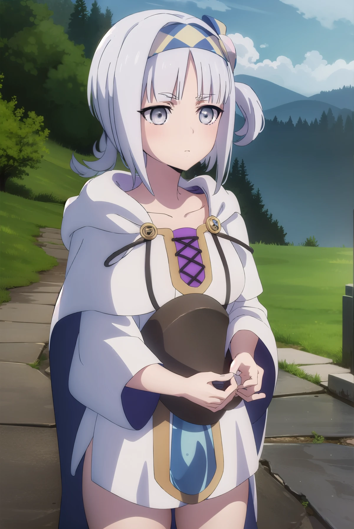 synelokk, syne lokk, short hair, bangs, hair ornament, white hair, hairband, side ponytail, (grey eyes:1.3), BREAK collarbone, hood, cloak, BREAK outdoors, forest, nature, sky, sun, clouds, large breast, grass, BREAK looking at viewer, (cowboy shot:1.5), BREAK (masterpiece:1.2), best quality, high resolution, unity 8k wallpaper, (illustration:0.8), (beautiful detailed eyes:1.6), extremely detailed face, perfect lighting, extremely detailed CG, (perfect hands, perfect anatomy),ñ