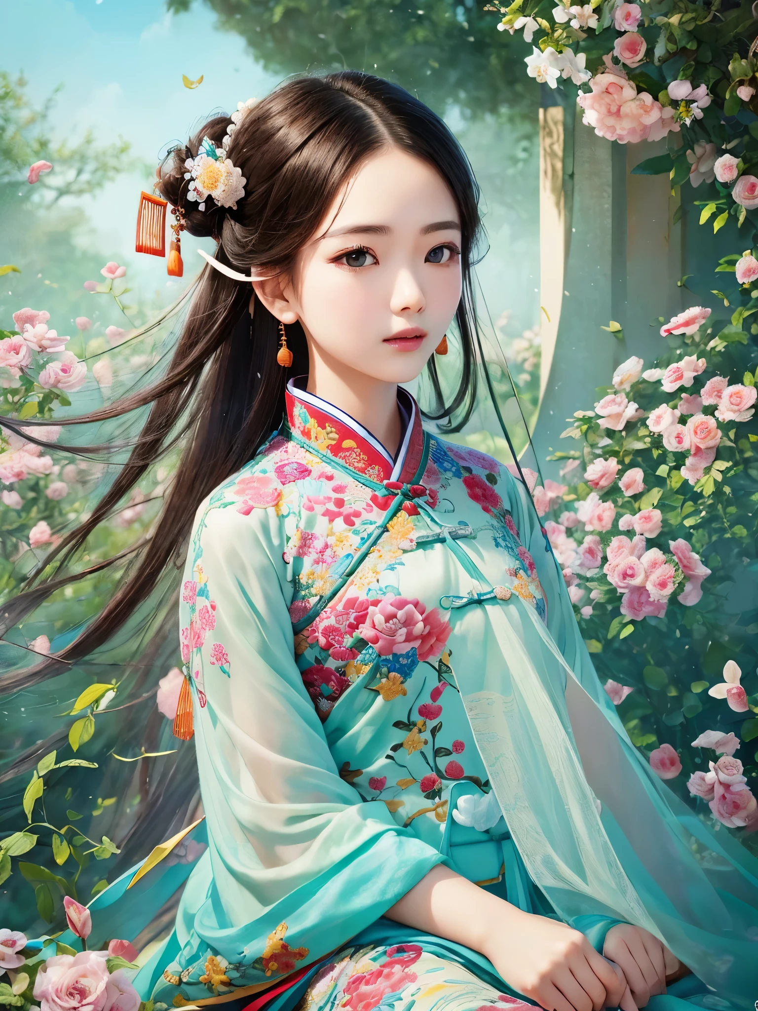 ((Highest quality)),(Ultra-high resolution),(Super detailed),(Detailed Description),((The best CG)),(masterpiece),Highly detailed art,(Art with precise detail:1.5), (Ancient Chinese noblewomen:1.6),(Hu clothing with intricate and detailed floral embroidery:1.6),(Long sleeves fluttering in the wind:1.5), Wind:1.4, sunny:1.3, Clear Stream:1.3, Dainty Flower:1.2