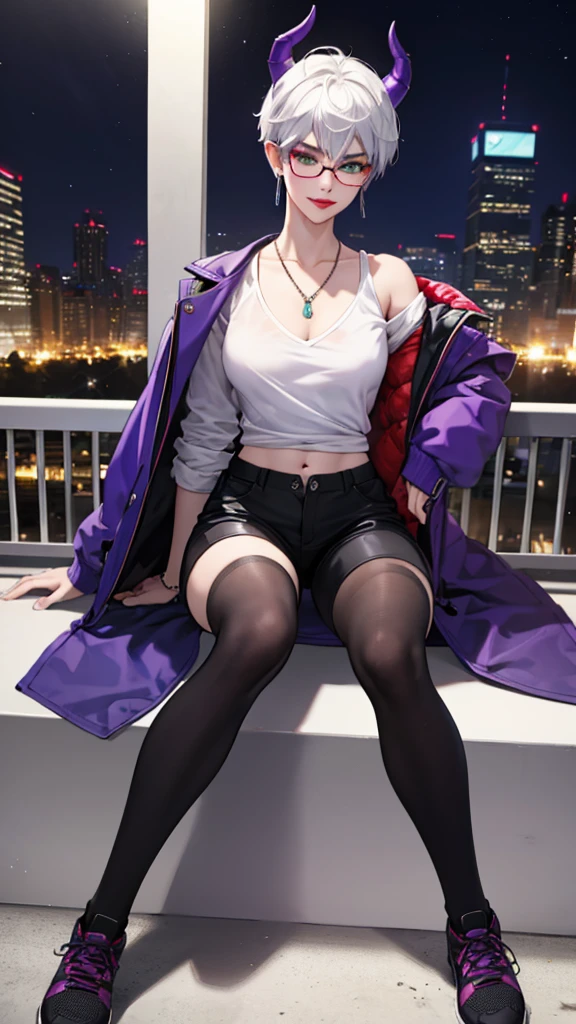 8k, masterpiece, best quality, highly detailed, 1 girl, tiefling, warlock, pixie cut, multicolored hair, very short straight hair green highlight hair on white hair, strippled hair, wearing glasses, round glasses, sexy, earrings, navel piercing, red eyeshadow, long eyelashes, blushed cheek, red lips, necklace, rings, collarbone, mole on face, glamorous, wearing large jacket, teal clothing, purple clothes, smirk, fullbody view, rings, looking at viewer, demon horns, solo, city, nighttime, sitting, white shirt, sneakers,, short pants, black legging.