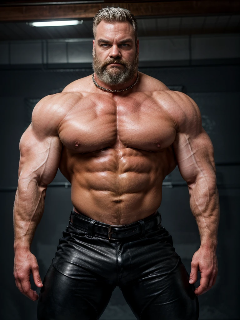 a high-contrast, dramatic portrait of a extremely huge muscular caucasian hairy hirsute man in a dark, moody setting. He has a strong, chiseled face with a stern expression, light skin, and short, slicked-back hair. He is wearing a tight leather pants and a tight, black leather tank top that accentuates his heavily tattooed and extremely muscular arms. He also has multiple silver chains around his neck and wrists, and a large belt with a prominent buckle. The background is dimly lit, with a red neon sign partially visible on the right side, adding to the intense atmosphere. The overall style is gritty and bold, emphasizing strength and toughness.