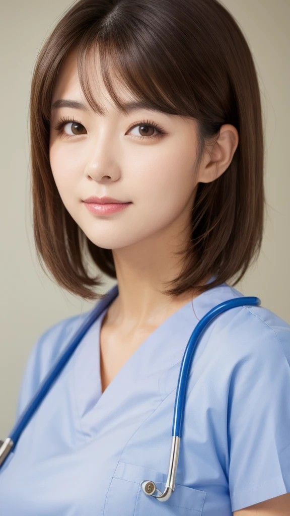 1woman, medium hair, brown hair, brown eyes, white nurse