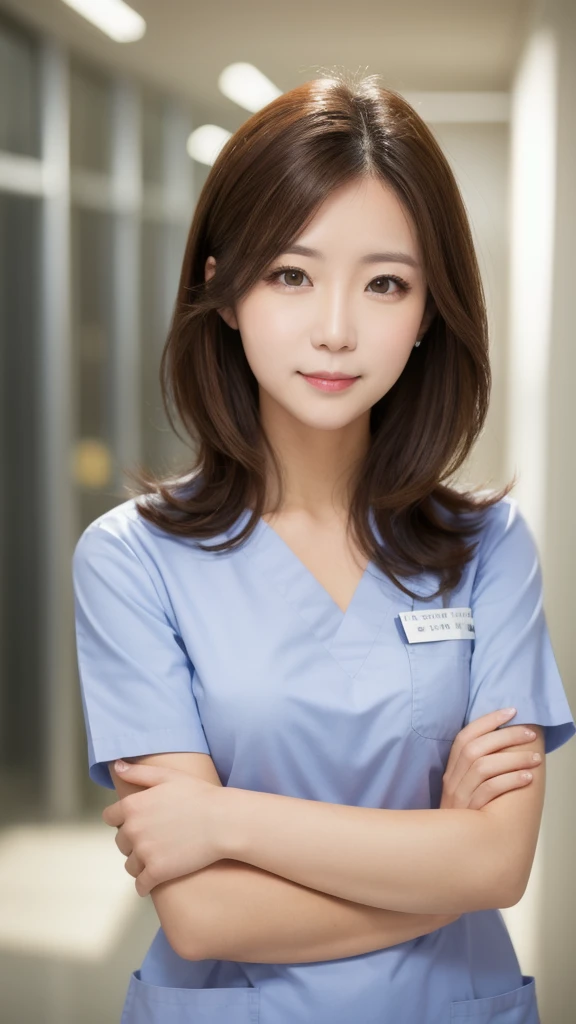 1woman, medium hair, brown hair, brown eyes, white nurse