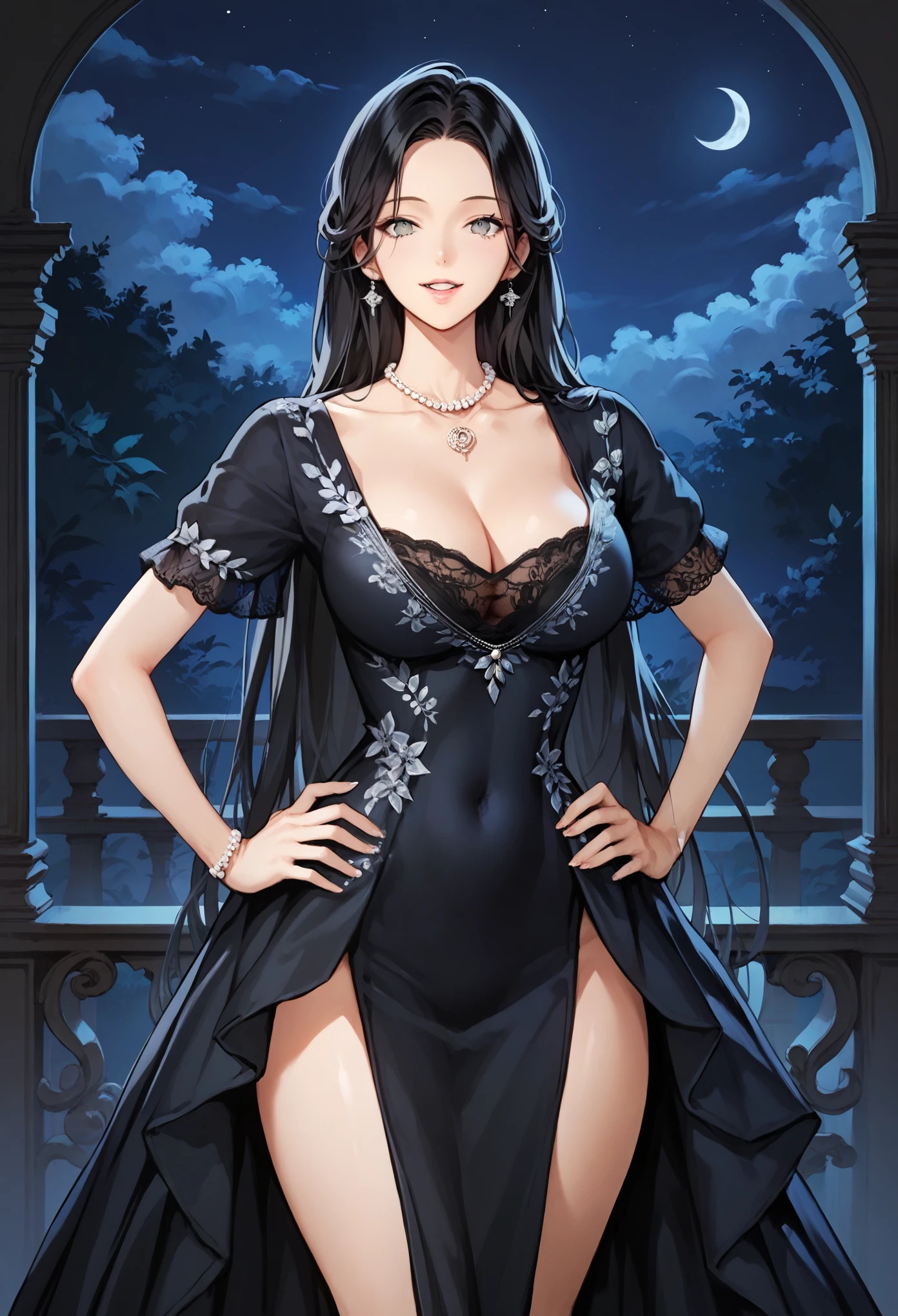 score_9, score_8_up, score_7_up, score_6_up, source_anime, illustration, 1girl, solo, long hair, looking at viewer, smile, ?????????????, black hair, dress, cleavage, jewelry, standing, collarbone, short sleeves, thighs, parted lips, necklace, black dress, grey eyes, covered navel, night, ??? visible through thighs, hands on own ????, taut dress