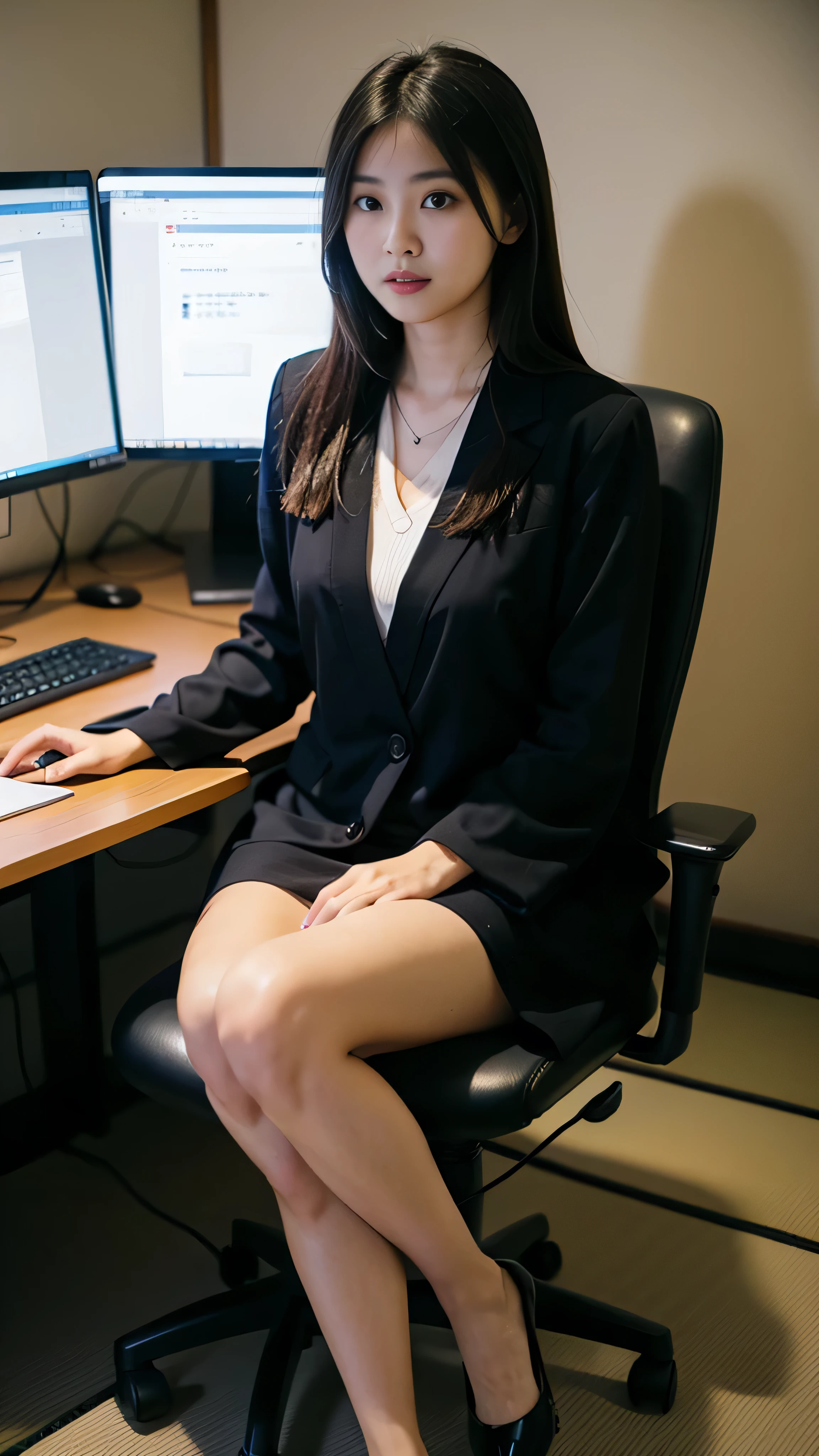 One girl sitting on an office chair，computers,(Japanese women:1.3),31 years old,Delicate,business women&#39;s clothing,(Jacket:1.1),(shirt:1.1),(Wrap skirt:1.1),jewelry,socks,stockings,Black Lens Stockings，It gives me goosebumps,Goose - meat，（Faithfulness：1.3），Filigree，quality，（masterpiece：1.2），（Faithfulness：1.2），（highest quality），（Skin details：1.3），（Intricate details），dramatic，Ray Tracing，photograph，In the Shadows，Visual novel，Skyscraper boss&#39;s office，Windows with city views，Film Grain，Depth of written boundary