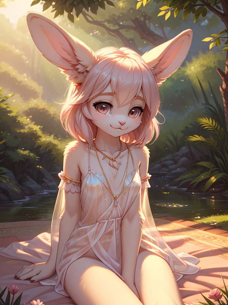 A beautiful, (masterpiece), high quality, perfect lighting, highly detailed CG Unity 8k wallpaper, high resolution, perfect lighting, youthful, adolescent, tall, slim, skinny, frail slender figure, slim legs, distinctly feminine figure, narrow hips, long legs, close-up shot of a unique female rabbit character. She has soft, creamy white fur with delicate pink undertones, enhancing her gentle and serene appearance. Her hair, a long, silky pastel pink, frames her face gracefully, with loose strands softly resting on her shoulders. Her large, expressive hazel eyes are filled with warmth and kindness, drawing the viewer in. She is dressed in a light, airy see through, sheer, translucent sundress in pastel colors, adorned with delicate floral embroidery and subtle ruffles. Long bunny ears, decorated with fresh flowers, emphasizing her relaxed and natural style. Her accessories include a delicate gold necklace with a small pendant and simple stud earrings. The character is lying down on the ground, leaning back slightly on her hands, with her thin legs stretched out. Her face is the focal point, tilted slightly upwards, capturing a moment of peaceful reflection. Her expression is serene, with a soft, content smile and eyes half-closed as if enjoying a gentle breeze or the warmth of the sun. The background is softly blurred, keeping the focus on her delicate features and the intricate details of her outfit, creating an intimate and tranquil atmosphere. sexy scene, ready for sex, in heat, legs spread wide, pussy juice, masturbating