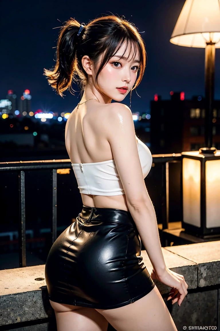 (night, wonderful, 16K, masterpiece:1.3)), whole body, Long legs, focal distance: 1.2, Perfect Body Beauty: 1.4, A little chubby abs: 1.1,（（ short hair）））， high quality， 16K， High Dynamic Range， High resolution， photograph， （RAWphotograph： 1.2），(最high quality、detailed、8k、masterpiece、Shot with a high-end camera)、(masterpiece,最high quality,超High resolution),Japanese women, (((Very beautiful 25 year old girl))), pretty girl、photograph家を見てください､  ((Beautiful low ponytail)), Very cute face, Glossy Lips, Double eyelids on both eyes,Natural smile、 Natural Makeup, Long eyelashes, Shiny and smooth hair､Center image,  Perfect limbs, Perfect Anatomy,(((Tight Skirt)))、(((Looking Back)),Wet with sweat,Sitting in a sexy black mini dress、25-year-old female gravure idol、Big Breasts、Wet skin、Slightly thicker、Narrow waist、White skin、short hair、Sensual look、Sexy pose、city、night,Perfect glowing skin, Perfect Skin