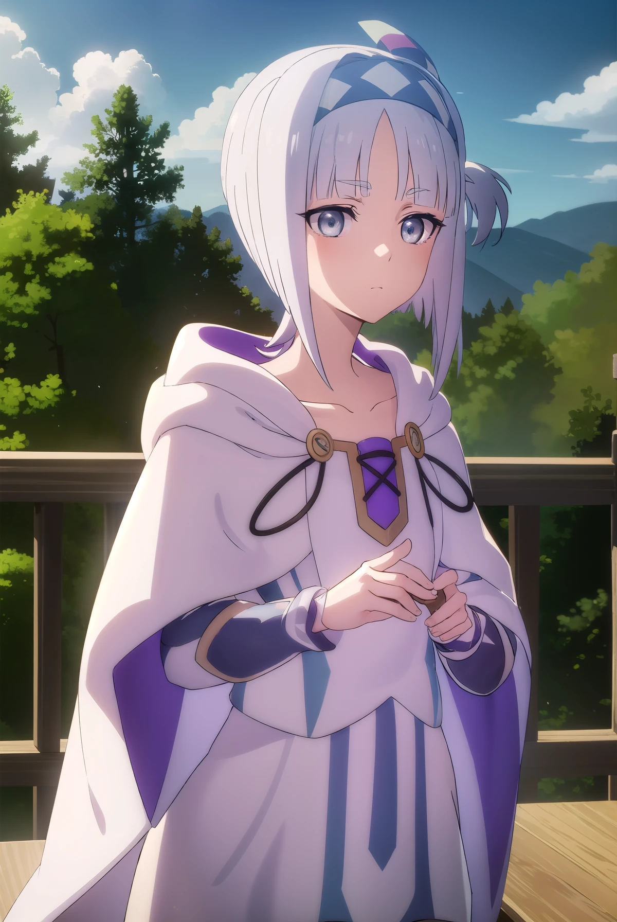 synelokk, syne lokk, short hair, bangs, hair ornament, white hair, hairband, side ponytail, (grey eyes:1.3), BREAK collarbone, hood, cloak, BREAK outdoors, forest, nature, sky, sun, clouds, large breast, grass, BREAK looking at viewer, (cowboy shot:1.5), BREAK (masterpiece:1.2), best quality, high resolution, unity 8k wallpaper, (illustration:0.8), (beautiful detailed eyes:1.6), extremely detailed face, perfect lighting, extremely detailed CG, (perfect hands, perfect anatomy),ñ