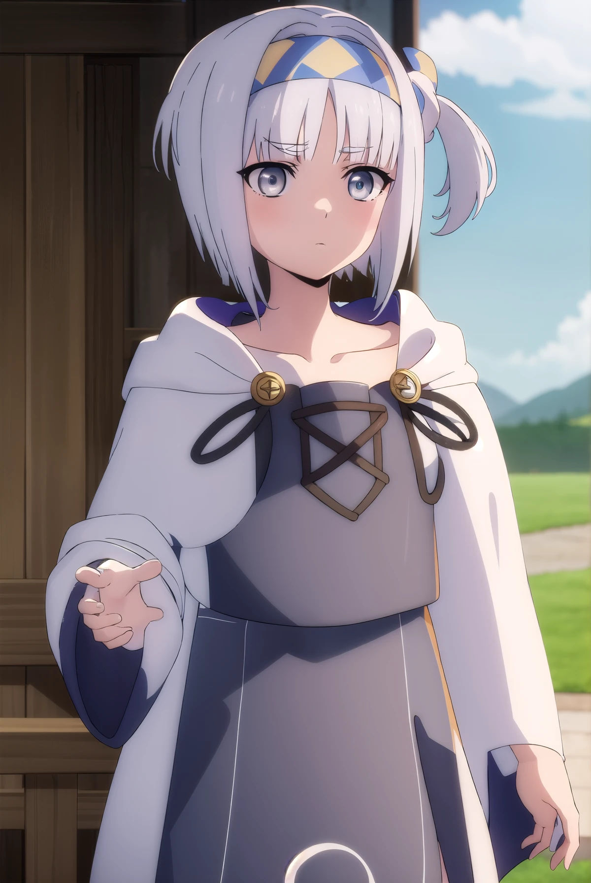 synelokk, syne lokk, short hair, bangs, hair ornament, white hair, hairband, side ponytail, (grey eyes:1.3), BREAK collarbone, hood, cloak, BREAK outdoors, forest, nature, sky, sun, clouds, large breast, grass, BREAK looking at viewer, (cowboy shot:1.5), BREAK (masterpiece:1.2), best quality, high resolution, unity 8k wallpaper, (illustration:0.8), (beautiful detailed eyes:1.6), extremely detailed face, perfect lighting, extremely detailed CG, (perfect hands, perfect anatomy),ñ