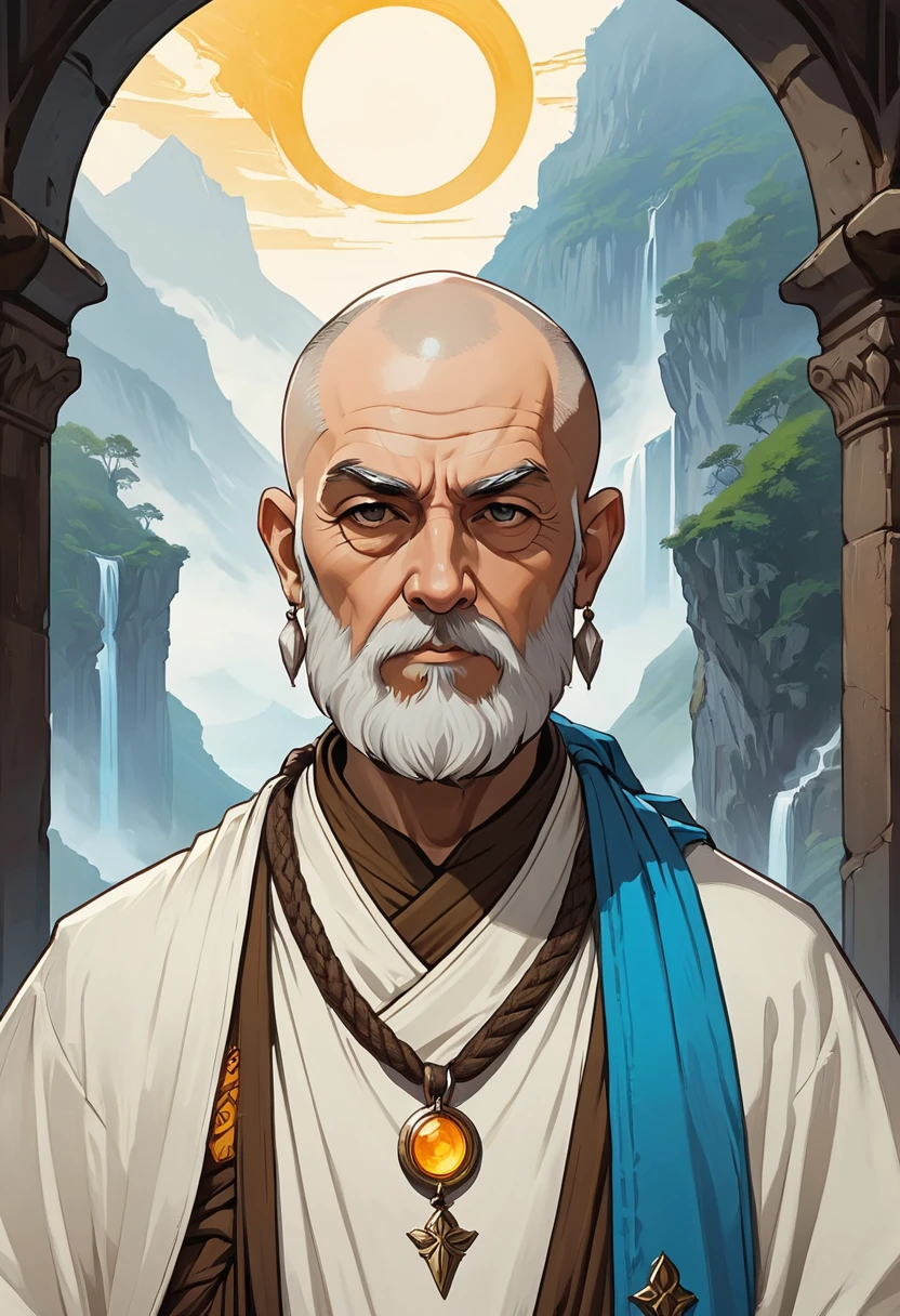 A roguelike Dungeons and Dragons theme-based image featuring an enchanting portrait of a bearded elderly monk cleric. He possesses handsome features that suggest a life of adventure and exploration. The background is a simple, stark white to accentuate the figure. His attire and ornamentation lean towards an adventurecore aesthetic, with rugged designs that suggest numerous quests undertaken. The color scheme revolves around shades of white, amber, yellow, and azure, enhancing his charm and subtly suggesting divine influence. The artwork is created on a gigantic scale, inspired by the aesthetic principles of the Die Brücke artistic movement which plays with bold forms and expressive colors.