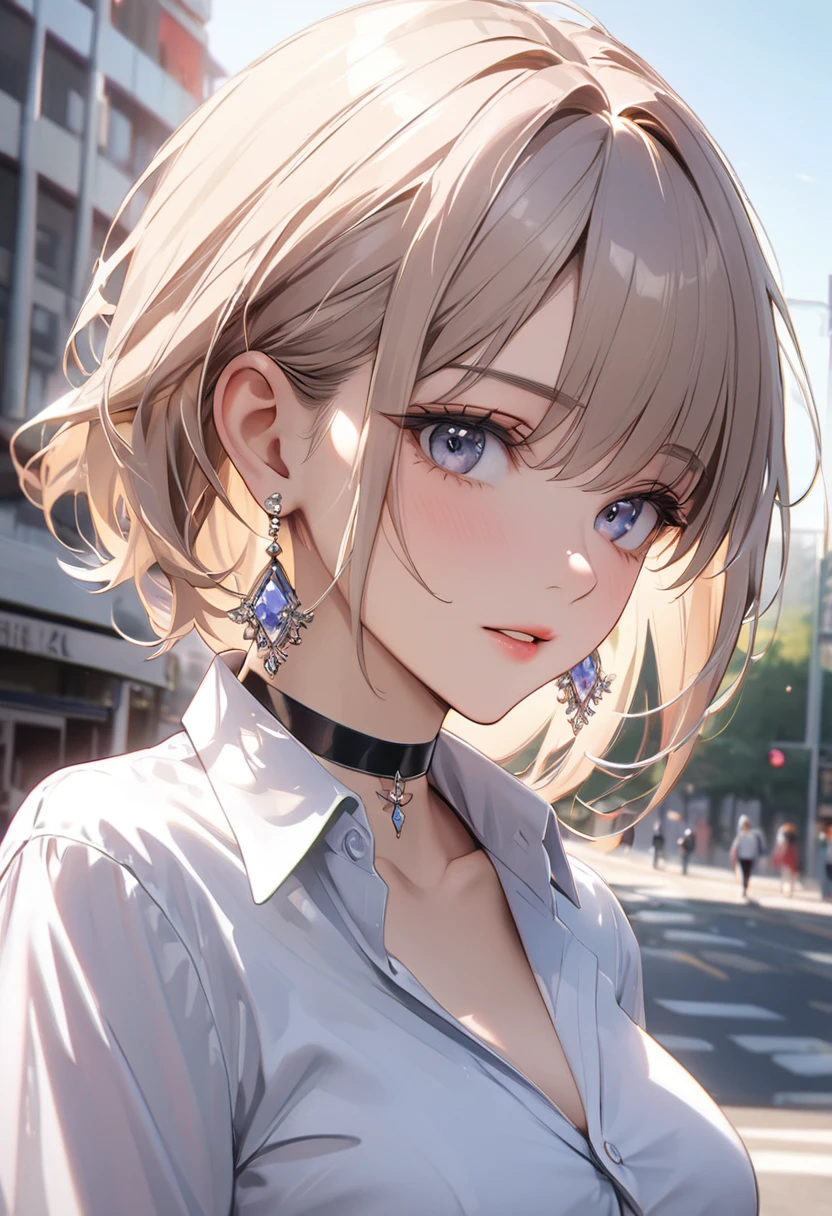 best quality, super_delicate, ultra detailed, beautiful, 8k , 1girl, business shirt, earrings, choker, outdoor, bright, AissistXLv2
