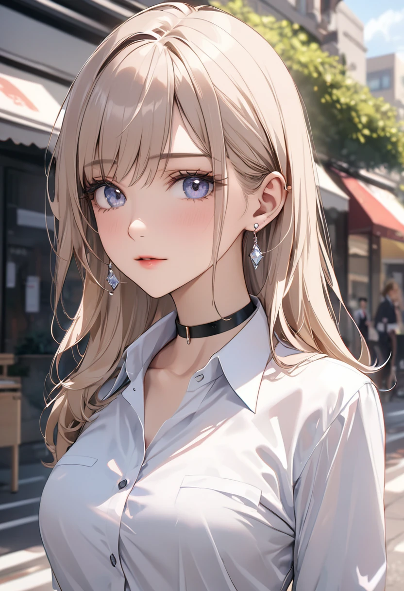 best quality, super_delicate, ultra detailed, beautiful, 8k , 1girl, business shirt, earrings, choker, outdoor, bright, AissistXLv2