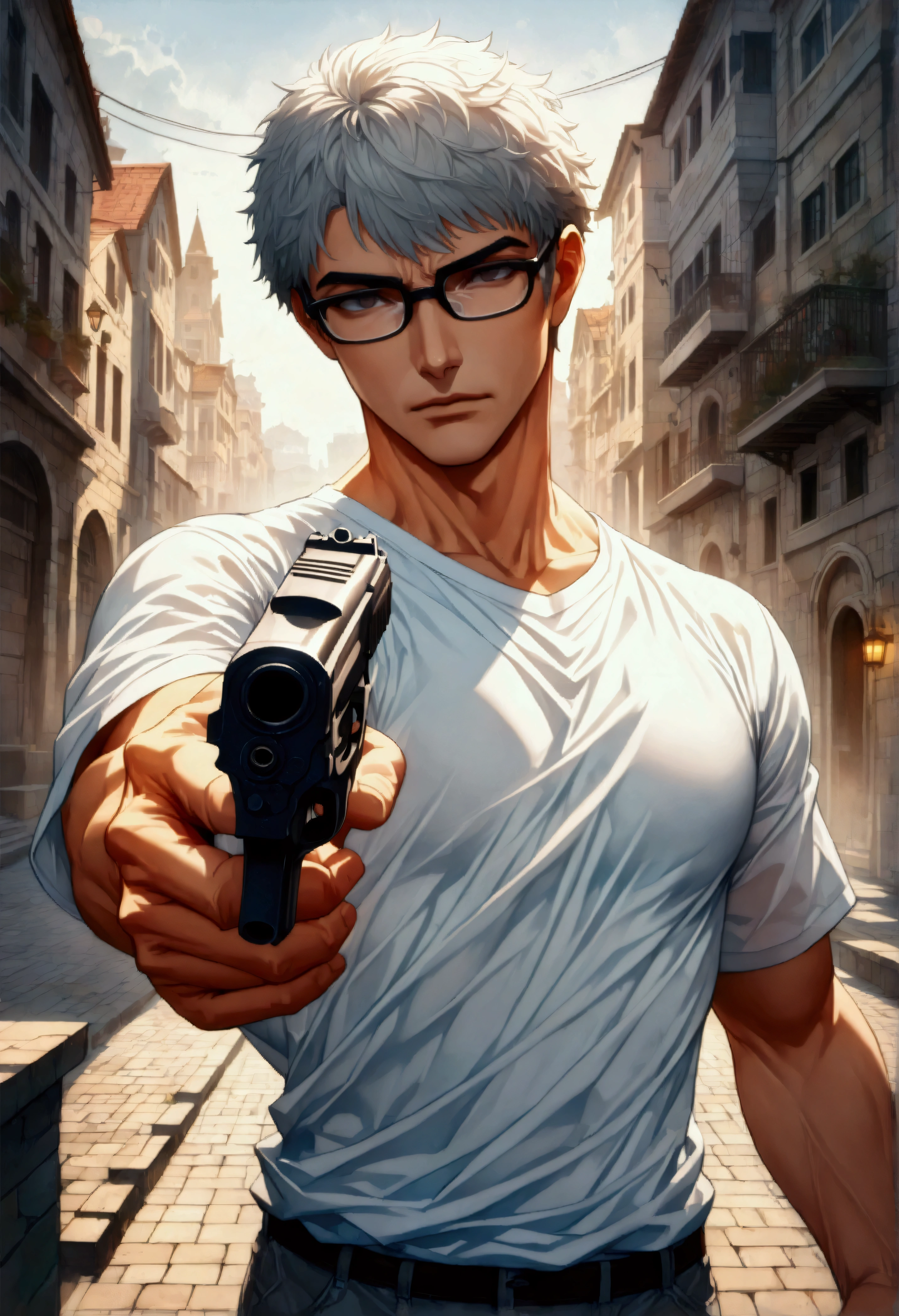 Summer Olympics competition: Pistol shooting competition,(A male player holds an air pistol with one hand and is about to shoot it.),short cut hair,50 years old,turkish handsome,T-shirt,muscular,great core,put one hand in your pants pocket,(The man wears glasses),BREAK,(The man is wearing a white T-shirt: 1.3),BREAK,(Short cut hair with a mix of white and gray: 1.3),BREAK,(Structurally correct competition air pistol: 1.3),BREAK,Create cool and cool backgrounds,black and white,beautiful light and shadow,((Anatomically correct: 1.3)),((Perfect Anatomy:1.3)),intricate details,(masterpiece:1.3),(highest quality:1.4),(ultra detailed:1.5),High resolution,extremely detailed,unity 8k wallpaper,best color balance