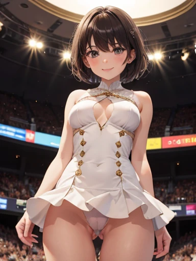 One girl,alone, In-person audience, View your viewers, smile, short hair, Micro Dress, Camel Toe,((pubic hair))