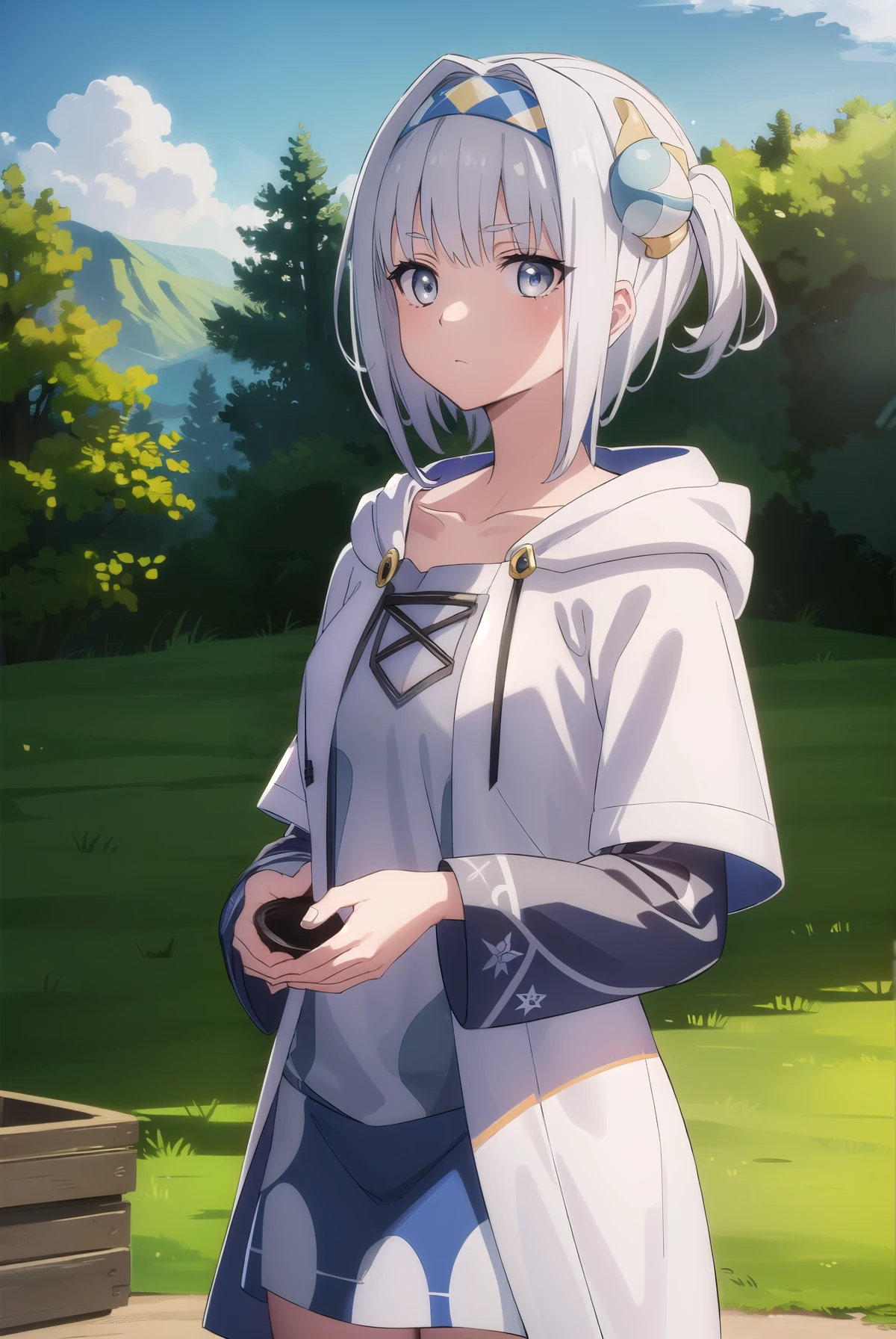 synelokk, syne lokk, short hair, bangs, hair ornament, white hair, hairband, side ponytail, (grey eyes:1.3), BREAK collarbone, hood, cloak, BREAK outdoors, forest, nature, sky, sun, clouds, large breast, grass, big breast, looking at viewer, (cowboy shot:1.5), BREAK (masterpiece:1.2), best quality, high resolution, unity 8k wallpaper, (illustration:0.8), (beautiful detailed eyes:1.6), extremely detailed face, perfect lighting, extremely detailed CG, (perfect hands, perfect anatomy),ñ