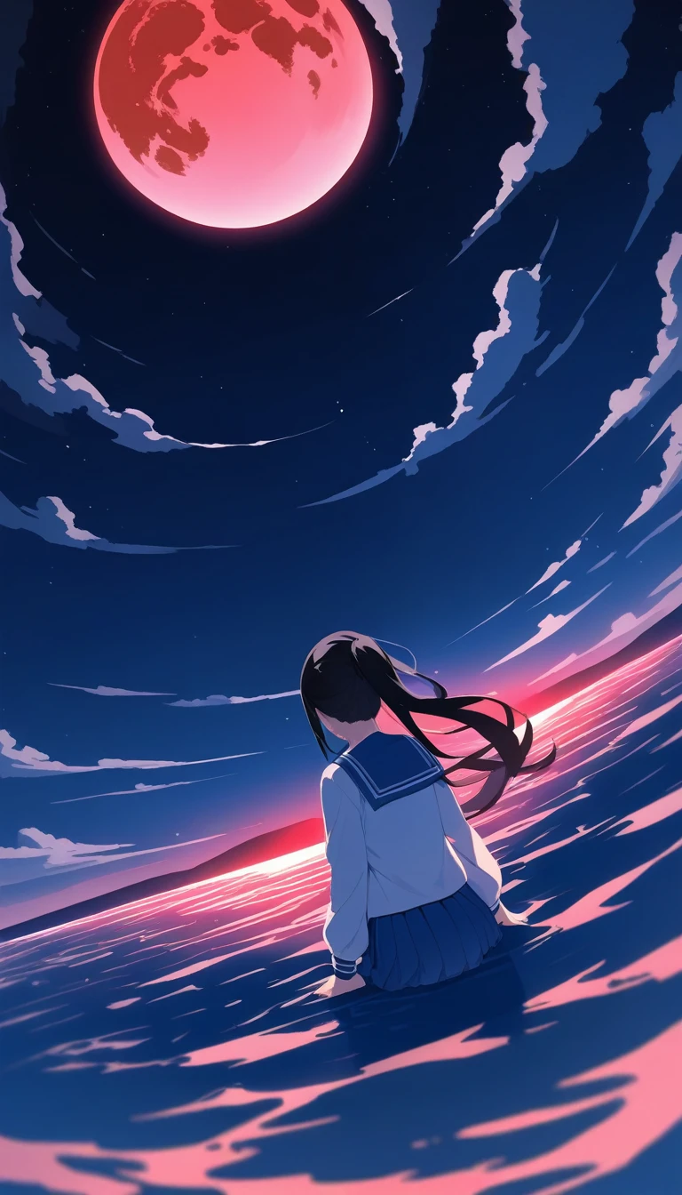 masterpiece, Highest quality,Ultra-detailed backgrounds、Sea and beach、Night Sky、Big full moon、star、cloud、赤いstarcloud、流れstar、Red sky on the horizon、One girl, Long Hair, Black Hair、ponytail、Back view、Sailor suit、Blue sailor collar、look up, Full body portrait、Wide angle、Zoomed out、