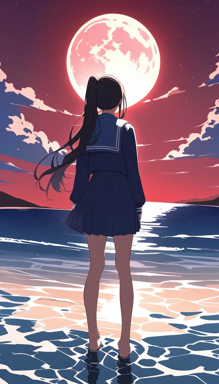 masterpiece, Highest quality,Ultra-detailed backgrounds、Sea and beach、Night Sky、Big full moon、star、cloud、赤いstarcloud、流れstar、Red sky on the horizon、One girl, Long Hair, Black Hair、ponytail、Back view、Sailor suit、Blue sailor collar、look up, Full body portrait、Wide angle、Zoomed out、