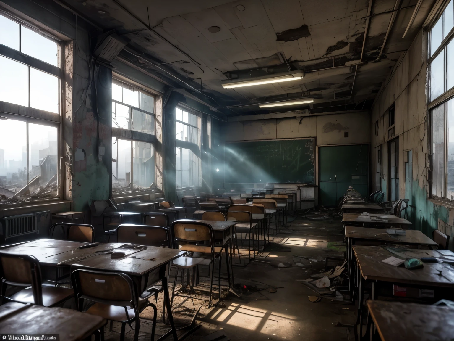 No lighting:1.8, Abandoned school with rubble and remains, Abandoned wooden classroom, Abandoned school overgrown with grass:1.37, Overgrown jungle, abandoned school:1.37, Ruins merge with nature, ruined classroom, Destroyed ceiling, Outdoor light penetrates the outside in countless ways, Soft light and fog, Scattered chairs, ((Einzelstuhl)), A crowded desk, ((One-person machine)), scattered documents, Scattered books, Scattered clothes, The power was turned off:1.21, Power failure:1.21, Faded poster, Japanese cities, Nobody is here, Dust and dead leaves blow in the wind, Abandoned School Apocalyptic Abandoned School, In a post-apocalyptic city, Post-apocalyptic scenarios, Post-apocalyptic atmosphere, ruined classroom, Destroyed cityscape outdoors, apocalyptic environment, Abandoned school building, In a desolate urban landscape, Postapocalyptic Perspective, Ruins Landscape, post-apocalyptic landscape