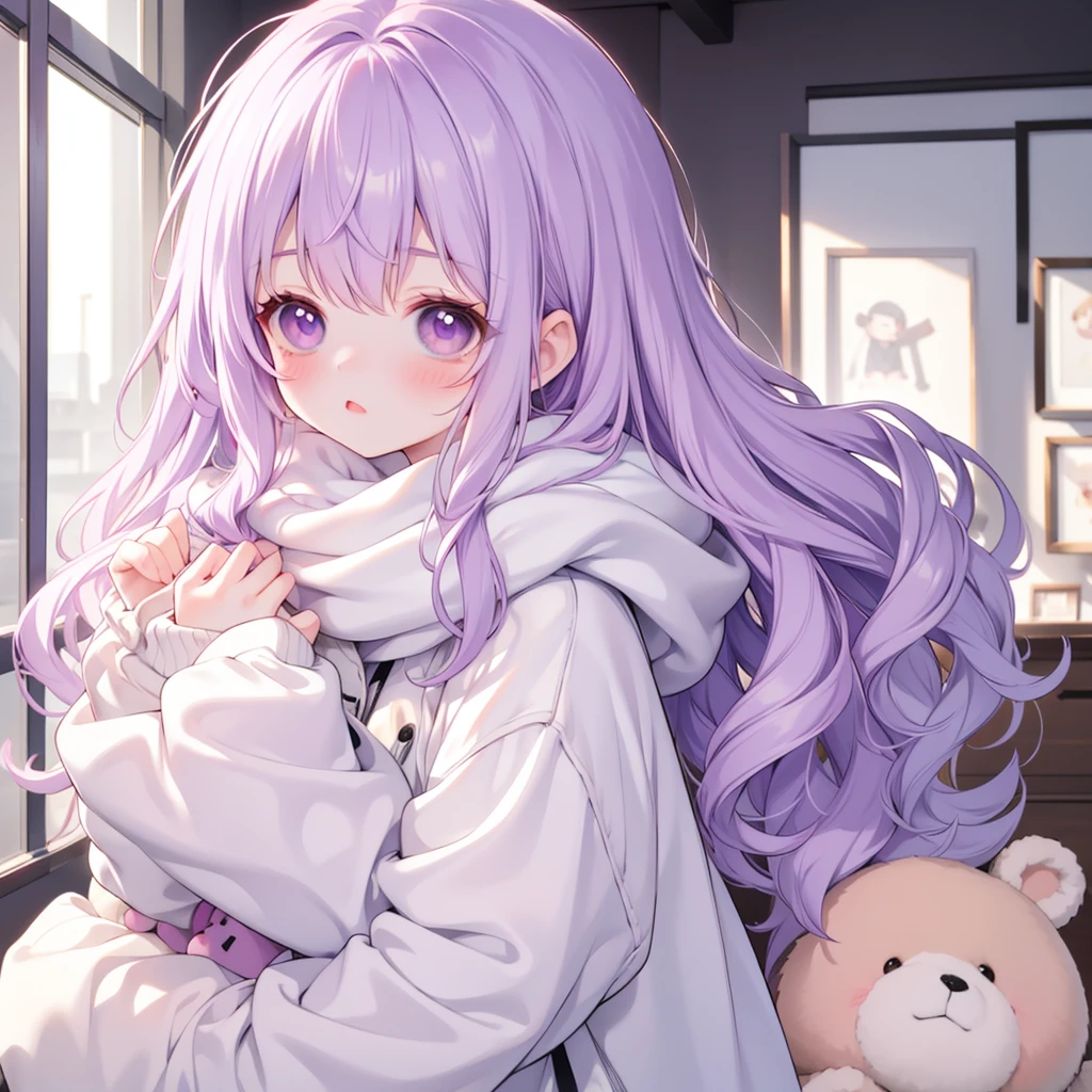 masterpiece, 最high quality, high quality, Super detailed, ((One girl)), Light purple hair, Long Wavy Hair, Fluffy hair, Purple eyes, anger, Mouth closed, ((blush)), Wearing a coat and scarf, Holding a teddy bear in his arms, Fluffy Moe Illustrations, Portraiture, cute, (((View your viewers))), Upper Body, Front face,Fluffy room wear、