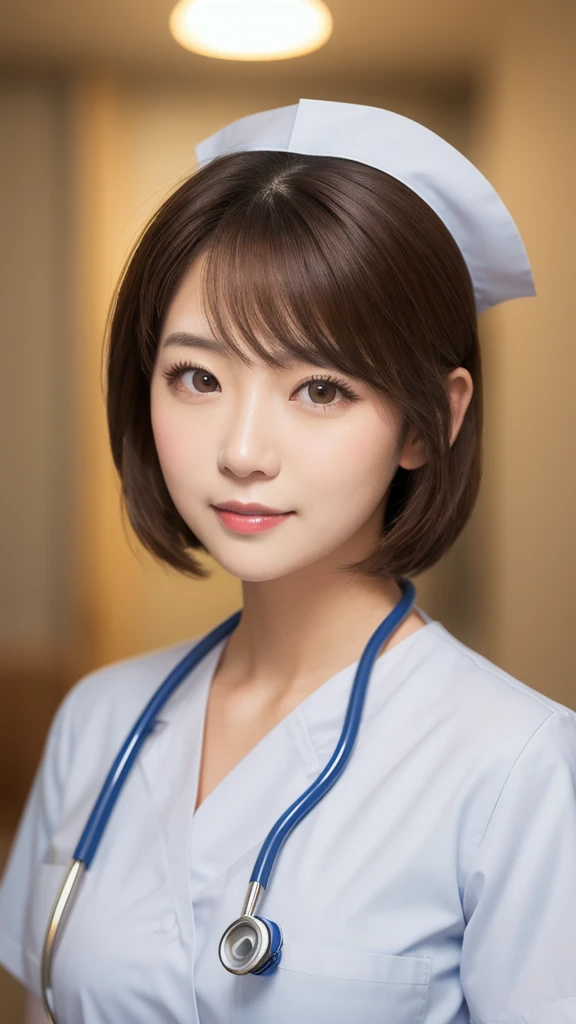 1woman, medium hair, brown hair, brown eyes, white nurse