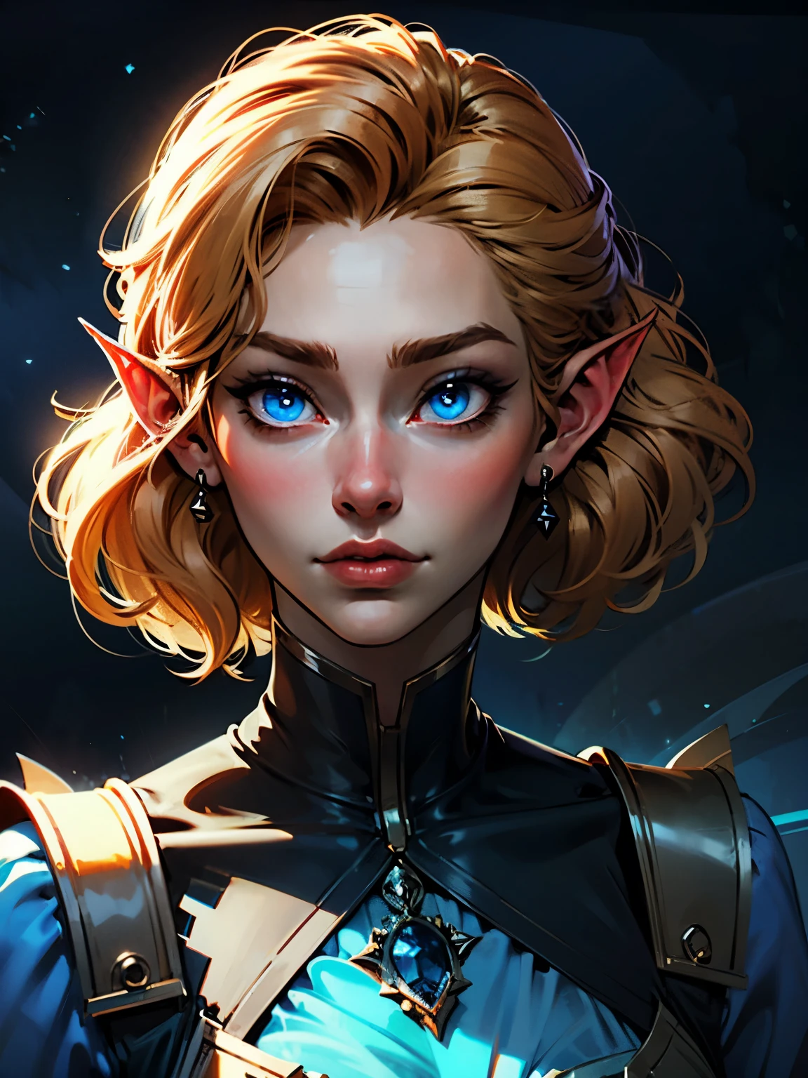 beautiful blond elven woman in her 30s, with blue eyes and striking features, exuding maturity and allure in a seductive pose.(dark-blue background), pointy ears, glowing eyes, beauty, blond medium hair, an14