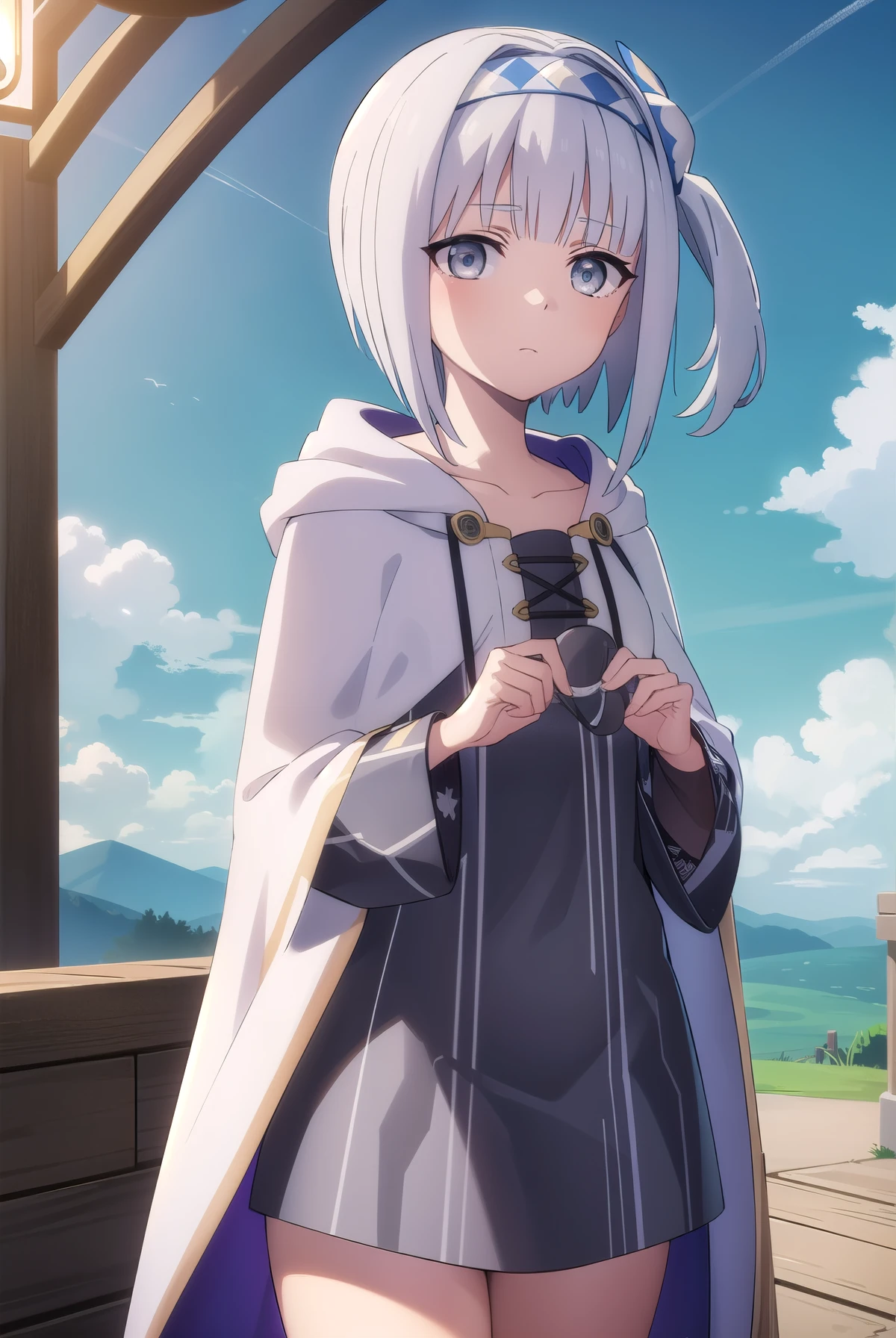 synelokk, syne lokk, short hair, bangs, hair ornament, white hair, hairband, side ponytail, (grey eyes:1.3), BREAK collarbone, hood, cloak, BREAK outdoors, forest, nature, sky, sun, clouds, large breast, grass, big breast, looking at viewer, (cowboy shot:1.5), BREAK (masterpiece:1.2), best quality, high resolution, unity 8k wallpaper, (illustration:0.8), (beautiful detailed eyes:1.6), extremely detailed face, perfect lighting, extremely detailed CG, (perfect hands, perfect anatomy),ñ