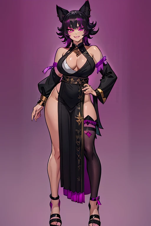female, black long hair with magenta trim, silver eyes, wolf ears, wolf tail, (((1girl))), (((black toga dress with magenta trim))), (black skirt), (black fingerless opera gloves), (black stockings), (magenta heels), (gold jewelry), (gold bracelets), cute and sexy, full body, large breasts, long legs, smiling