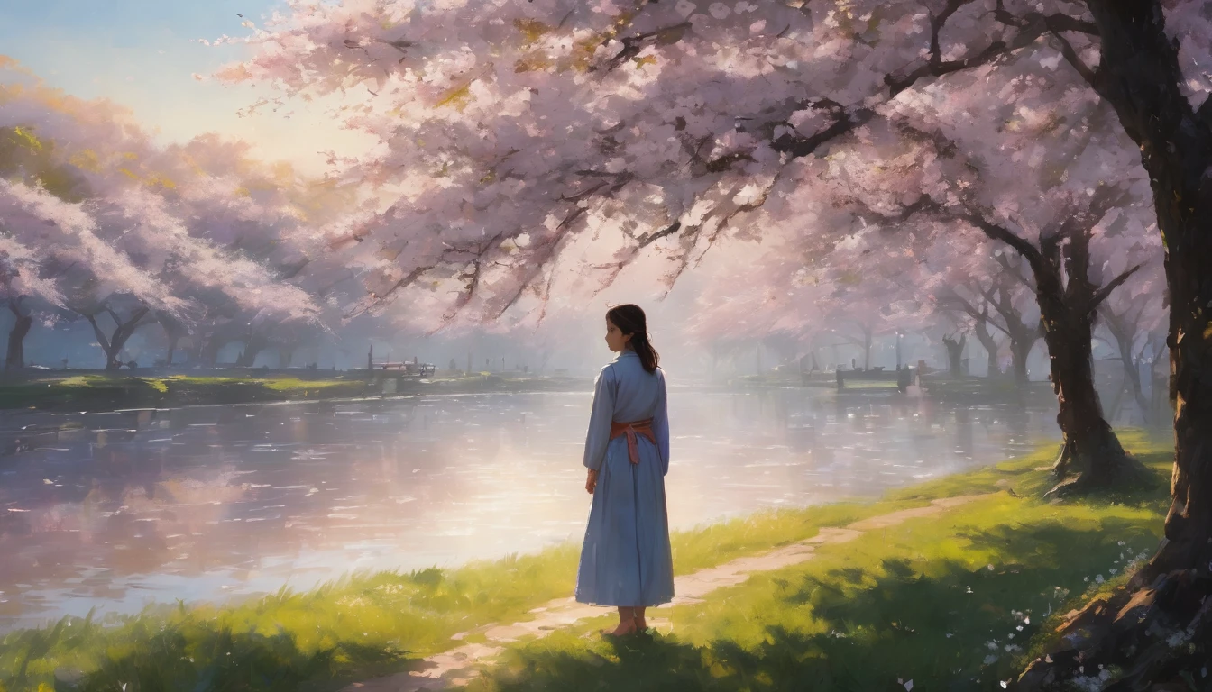 (best quality, masterpiece, ultra detailed), A serene spring morning scene with a gentle breeze blowing through cherry blossom trees. The sunlight filters softly through the petals, casting a warm, hopeful glow. In the foreground, a young person stands with a thoughtful expression, looking towards the horizon as if waiting for someone. The background shows a blend of nostalgic and modern elements, symbolizing memories and dreams intertwining. The overall mood is a mix of calm, reflection, and quiet anticipation