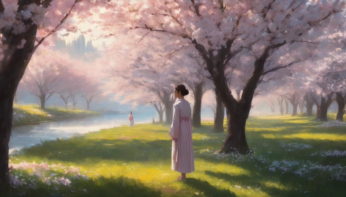 (best quality, masterpiece, ultra detailed), A serene spring morning scene with a gentle breeze blowing through cherry blossom trees. The sunlight filters softly through the petals, casting a warm, hopeful glow. In the foreground, a young person stands with a thoughtful expression, looking towards the horizon as if waiting for someone. The background shows a blend of nostalgic and modern elements, symbolizing memories and dreams intertwining. The overall mood is a mix of calm, reflection, and quiet anticipation