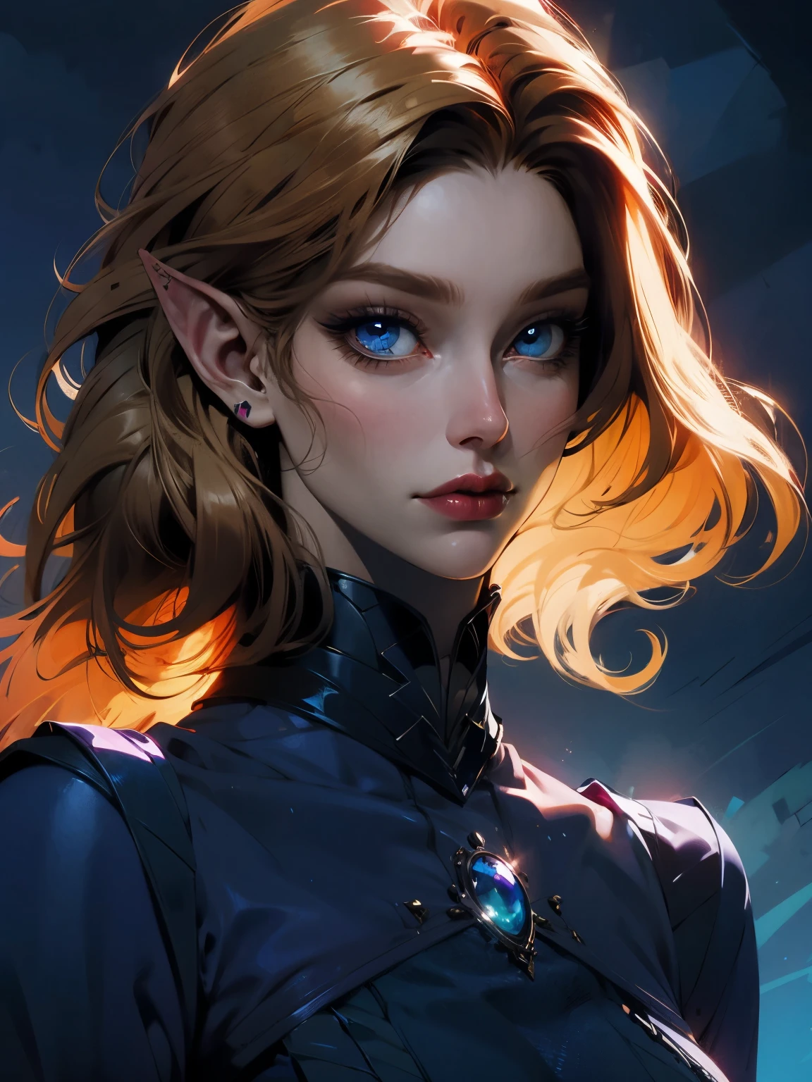beautiful blond elven woman in her 30s, with blue eyes and striking features, exuding maturity and allure in a seductive pose.(dark-blue background), pointy ears, glowing eyes, beauty, blond medium hair, an14