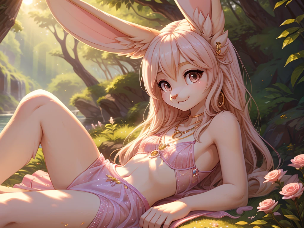 **Prompt:** A beautiful, (masterpiece), high quality, perfect lighting, highly detailed CG Unity 8k wallpaper, high resolution, perfect lighting, youthful, adolescent, tall, slim, skinny, frail slender figure, slim legs, distinctly feminine figure, narrow hips, long legs, close-up shot of a unique female rabbit character. She has soft, creamy white fur with delicate pink undertones, enhancing her gentle and serene appearance. Her hair, a long, silky pastel pink, frames her face gracefully, with loose strands softly resting on her shoulders. Her large, expressive hazel eyes are filled with warmth and kindness, drawing the viewer in.
She is dressed in a light, airy see through, sheer, translucent sundress in pastel colors, adorned with delicate floral embroidery and subtle ruffles. Long bunny ears, decorated with fresh flowers, emphasizing her relaxed and natural style. Her accessories include a delicate gold necklace with a small pendant and simple stud earrings.
The character is lying down on the ground, leaning back slightly on her hands, with her thin legs stretched out. Her face is the focal point, tilted slightly upwards, capturing a moment of peaceful reflection. Her expression is serene, with a soft, content smile and eyes half-closed as if enjoying a gentle breeze or the warmth of the sun. The background is softly blurred, keeping the focus on her delicate features and the intricate details of her outfit, creating an intimate and tranquil atmosphere.