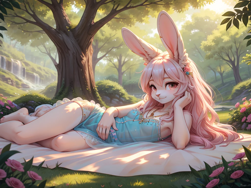 **Prompt:** A beautiful, (masterpiece), high quality, perfect lighting, highly detailed CG Unity 8k wallpaper, high resolution, perfect lighting, youthful, adolescent, tall, slim, skinny, frail slender figure, slim legs, distinctly feminine figure, narrow hips, long legs, close-up shot of a unique female rabbit character. She has soft, creamy white fur with delicate pink undertones, enhancing her gentle and serene appearance. Her hair, a long, silky pastel pink, frames her face gracefully, with loose strands softly resting on her shoulders. Her large, expressive hazel eyes are filled with warmth and kindness, drawing the viewer in.

She is dressed in a light, airy see through, sheer, translucent sundress in pastel colors, adorned with delicate floral embroidery and subtle ruffles. Long bunny ears, decorated with fresh flowers, emphasizing her relaxed and natural style. Her accessories include a delicate gold necklace with a small pendant and simple stud earrings. 

The character is lying down on the ground, leaning back slightly on her hands, with her thin legs stretched out. Her face is the focal point, tilted slightly upwards, capturing a moment of peaceful reflection. Her expression is serene, with a soft, content smile and eyes half-closed as if enjoying a gentle breeze or the warmth of the sun. The background is softly blurred, keeping the focus on her delicate features and the intricate details of her outfit, creating an intimate and tranquil atmosphere.