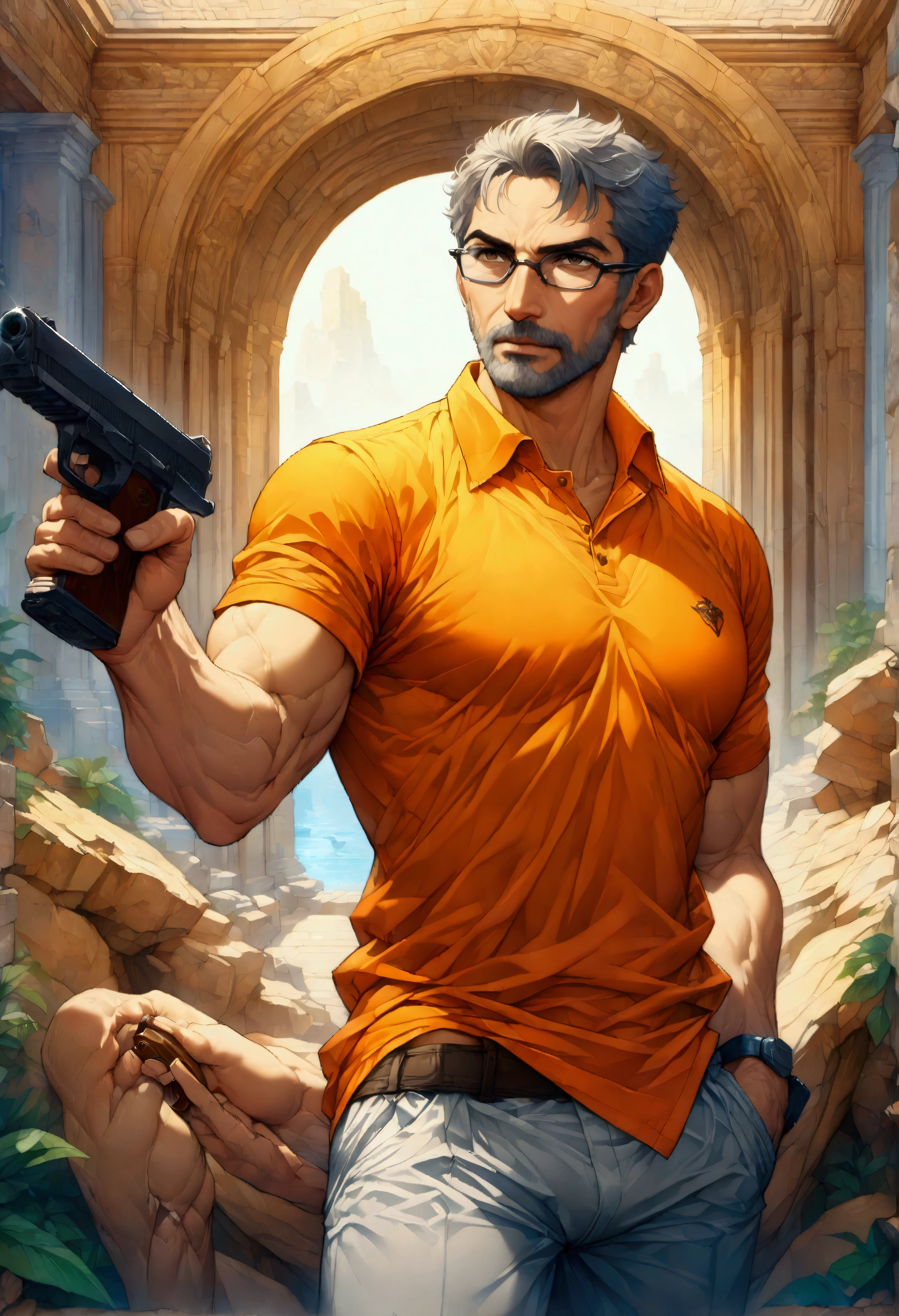 Summer Olympics competition: Pistol shooting competition,(A male player holds an air pistol with one hand and is about to shoot it.),short cut hair,50 years old,turkish handsome,T-shirt,muscular,great core,put one hand in your pants pocket,(The man wears glasses),BREAK,(The man is wearing a white T-shirt: 1.3),BREAK,(Short cut hair with a mix of white and gray: 1.3),BREAK,(Structurally correct competition air pistol: 1.3),BREAK,Create cool and cool backgrounds,black and white,beautiful light and shadow,((Anatomically correct: 1.3)),((Perfect Anatomy:1.3)),intricate details,(masterpiece:1.3),(highest quality:1.4),(ultra detailed:1.5),High resolution,extremely detailed,unity 8k wallpaper,best color balance