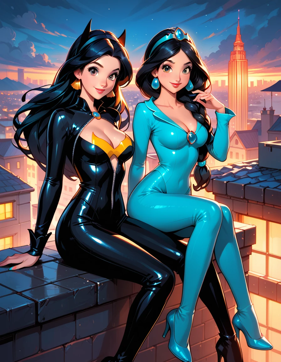 score_9, score_8_up, score_7_up, score_6_up, 2girls, BREAK (Disney's Princess Jasmine, black hair, braid:1.3), wearing (Marvel's Black Cat suit, full body suit, black suit, cleavage:1.1), BREAK (Disney's Princess Ariel:1.4), wearing (Batgirl suit:1.2), BREAK sitting together, smiling, city rooftop, night, cinematic lighting.