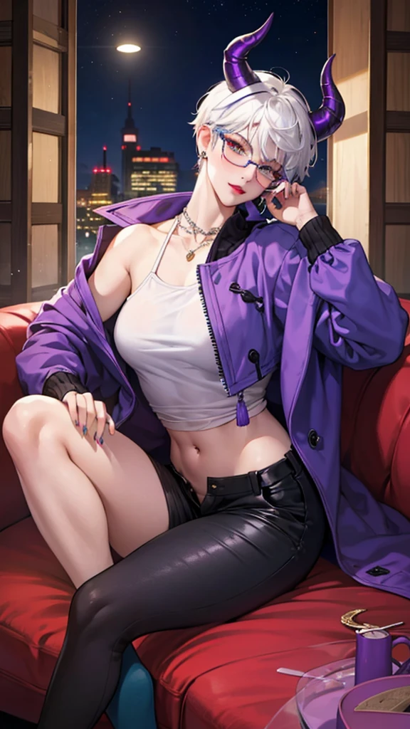 8k, masterpiece, best quality, highly detailed, 1 girl, tiefling, warlock, pixie cut, multicolored hair, very short straight hair green highlight hair on white hair, strippled hair, wearing glasses, round glasses, sexy, earrings, navel piercing, red eyeshadow, long eyelashes, blushed cheek, red lips, necklace, rings, collarbone, mole on face, glamorous, wearing large jacket, teal clothing, purple clothes, smirk, fullbody view, rings, looking at viewer, demon horns, solo, city, nighttime, sitting, white shirt, sneakers,, short pants, black legging.