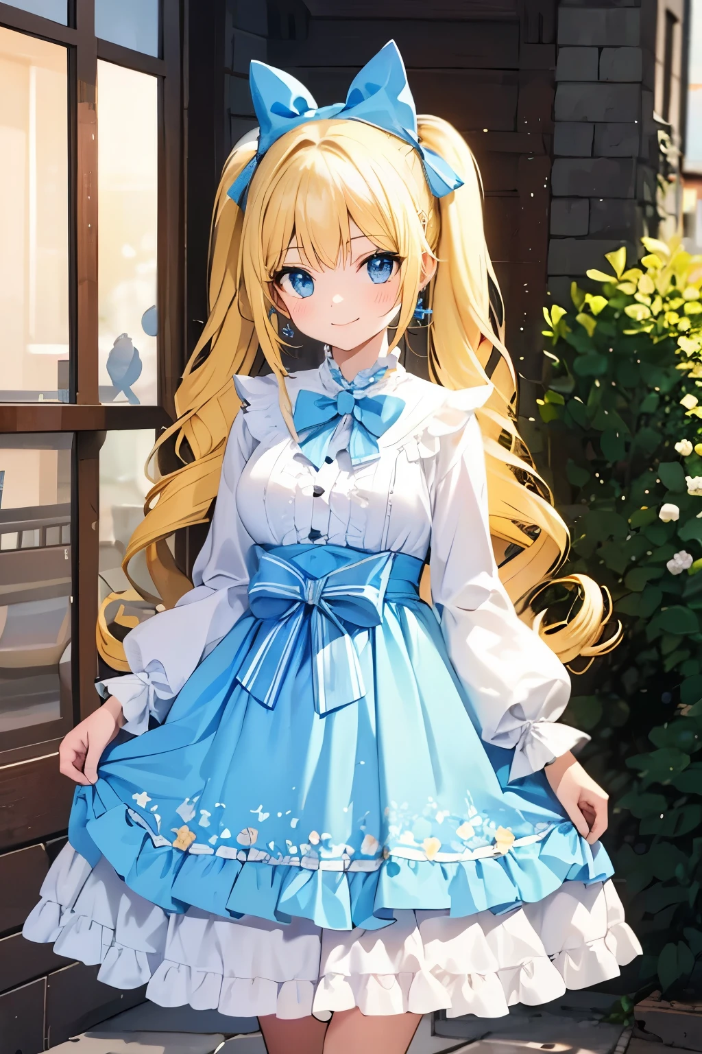 Safe for work, masterpiece, best quality, solo, 1 girl,  cute girl, wholesome girl, (young female body:1.4), ( medium small breasts), cowboy shot, shy smile, flustered, yellow hair, voluminous wavy hair, extra long hair, hime cut, very blunt bangs, light blue eyes, detailed eyes, outside, lolita fashion, light blue lolita dress, pigtails, cozy background, light blue lolita dress, ribbons, light blue bows, 