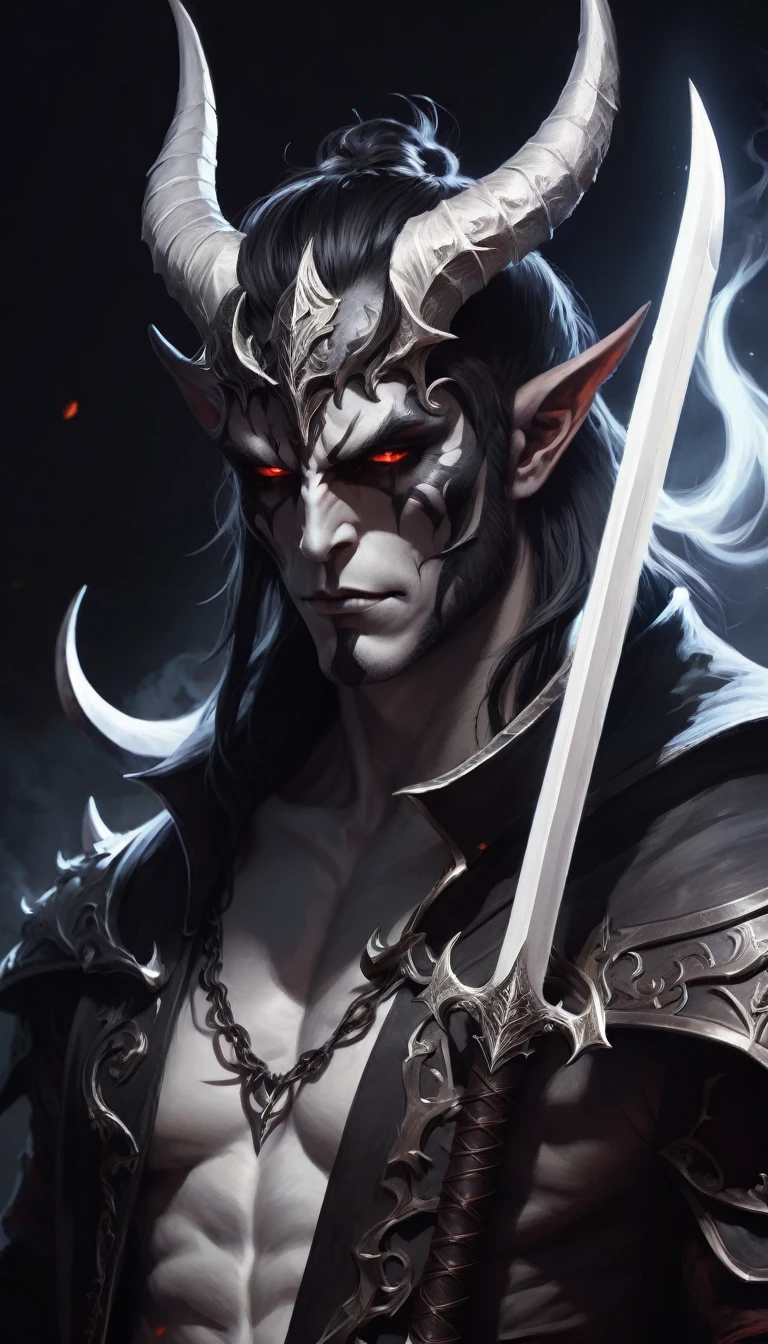 a drawing of a male demon with horns and a sword, fit male demon with white horns, demon noble character design, demon lord, demon soul concept art, demon male, man male demon, beautiful male god of death, human male demon, full body devil man, heroic fantasy character concept, complex fantasy character, dark fantasy character design, demon necromancer
